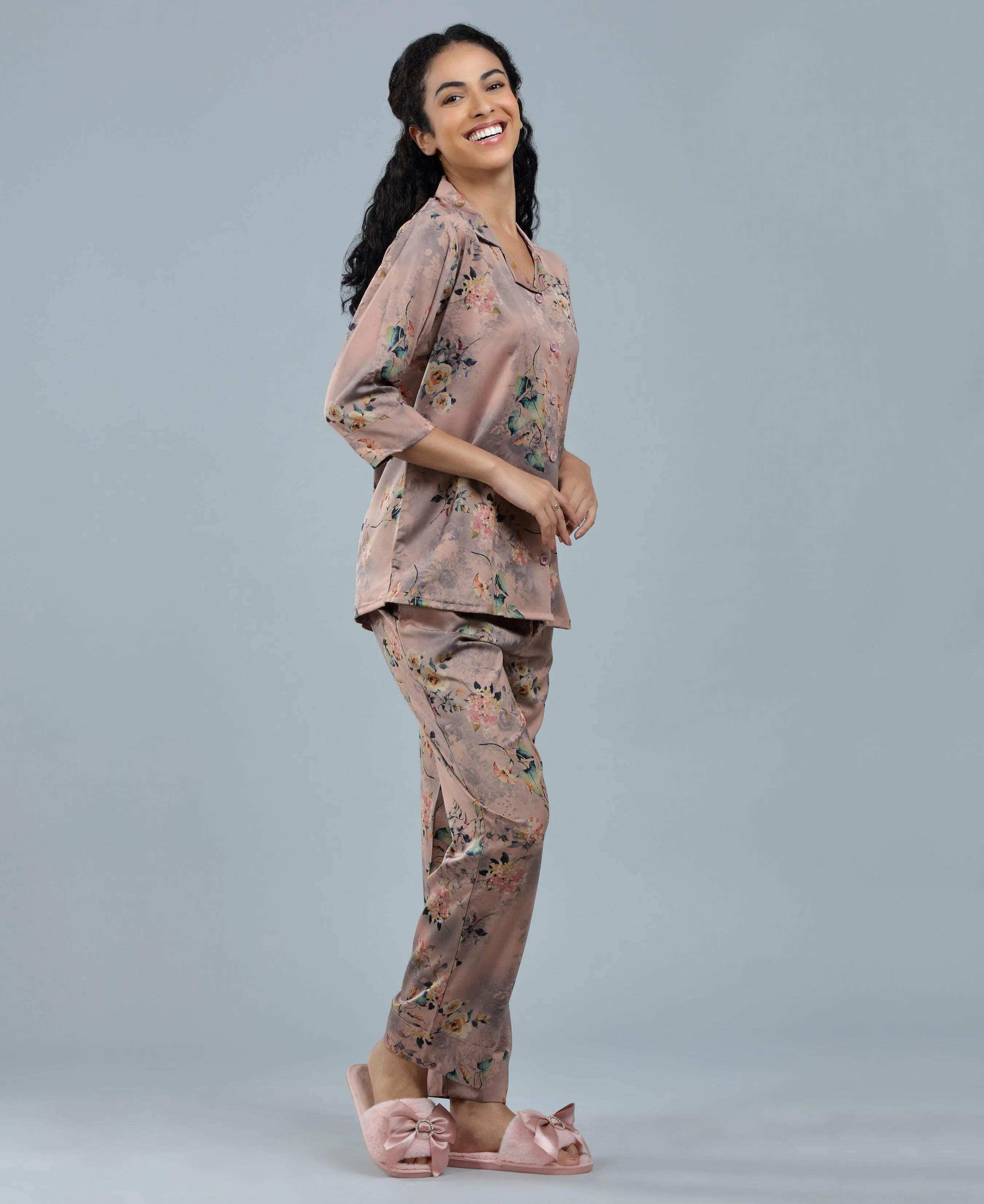 Velure Botanical Satin Print Night Suit - Velure - - 3/4 Sleeves, Collar Neck, Floral Print, Front Button Open, Full Length Pant, Satin