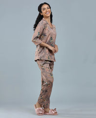 Velure Botanical Satin Print Night Suit - Velure, Shirt and Pant, Elevate your weekend wardrobe with Velure's Botanical Floral Satin Print Night Suit. Crafted from silky smooth satin, this set guarantees unmatched comfort and softness. The vibrant floral print adds a touch of joy to the ensemble. Featuring a 3/4 sleeve shirt and full-length pants with an elastic waistband, this suit ensures a snug and cozy fit. Indulge in a peaceful sleep accompanied by pleasant dreams.