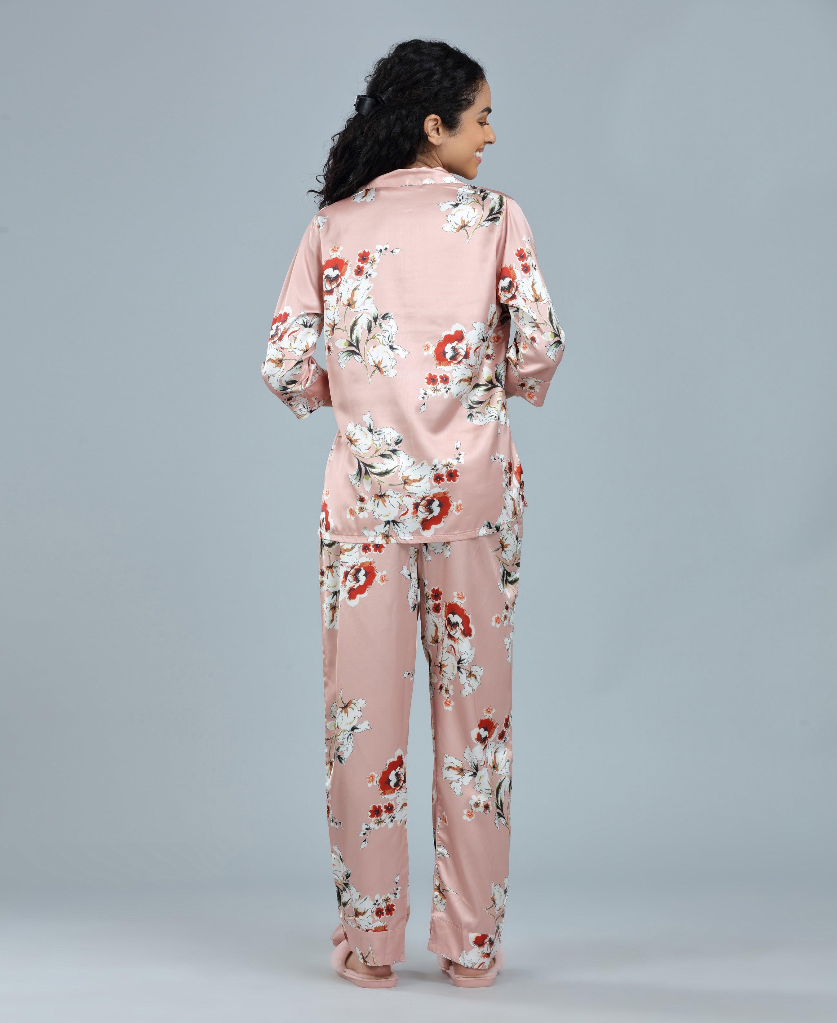 Velure Trendy Fashion Floral Print Night Suit - Velure - - 3/4 Sleeves, Collar Neck, Floral Print, Front Button Open, Full Length Pant, Satin