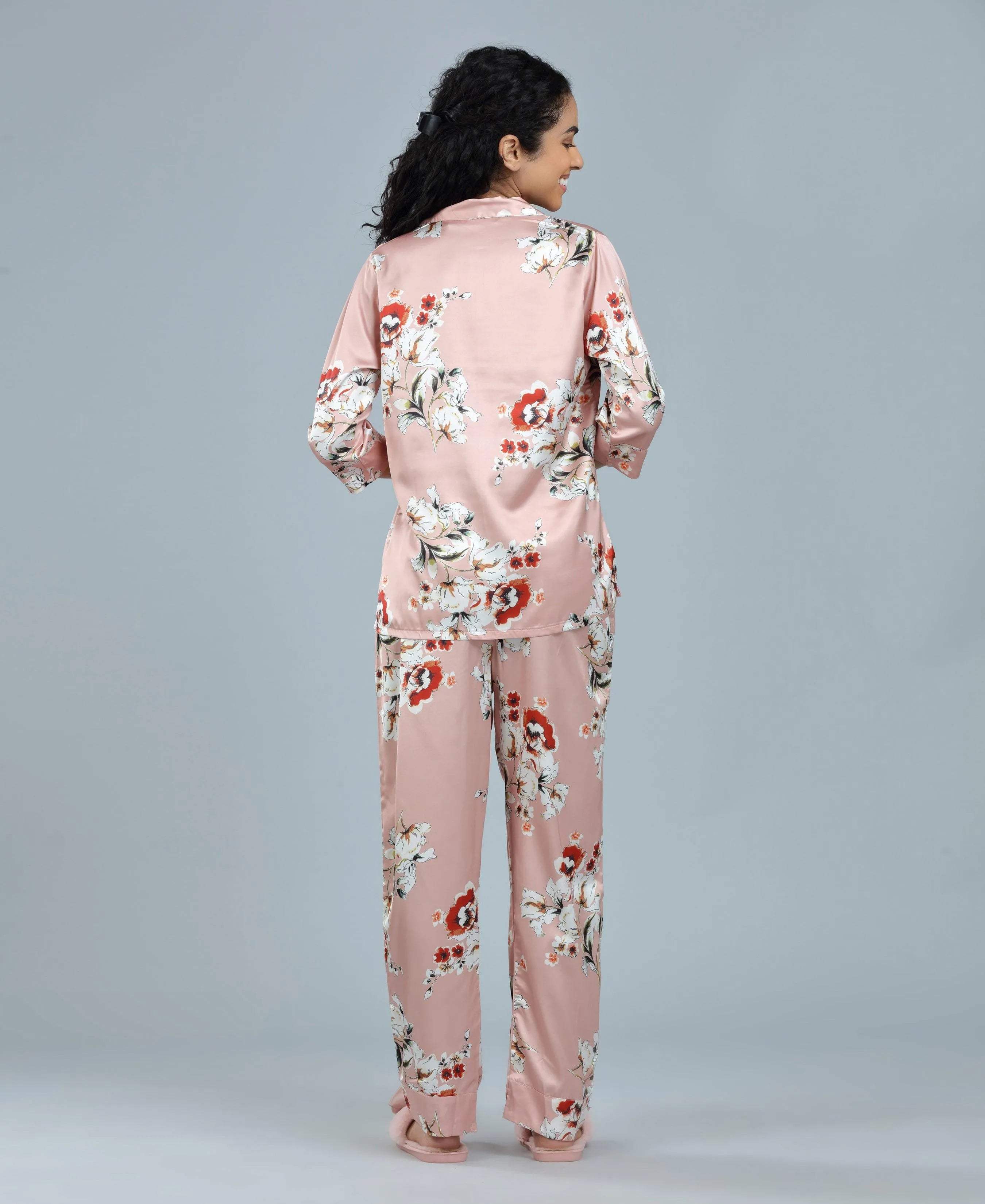 Velure Trendy Fashion Floral Print Night Suit - Velure - - 3/4 Sleeves, Collar Neck, Floral Print, Front Button Open, Full Length Pant, Satin
