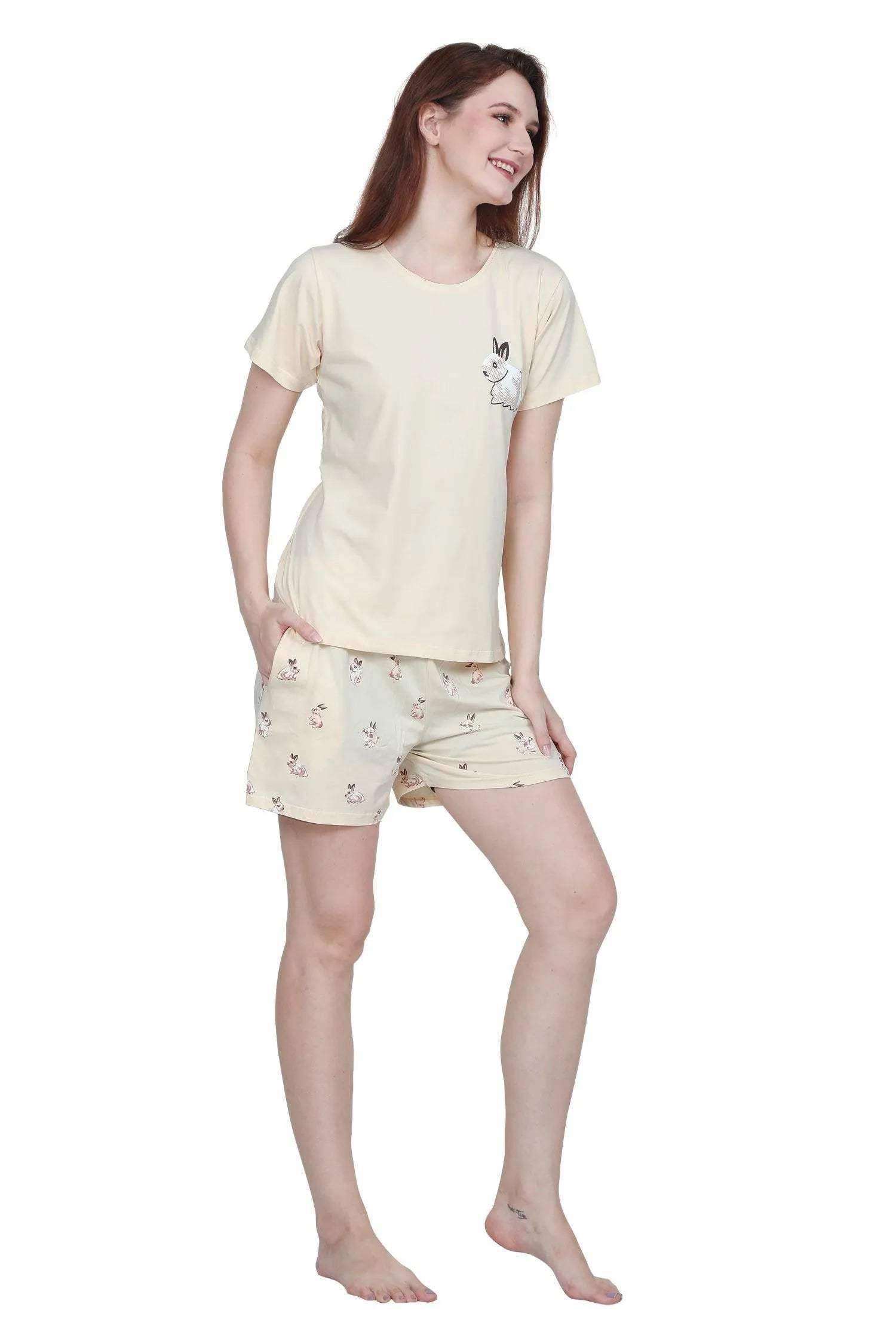 Velure Bunny Shorts Set - Velure - - Cartoon Print, Cotton Lycra Fabric, Half Sleeves, Round neck