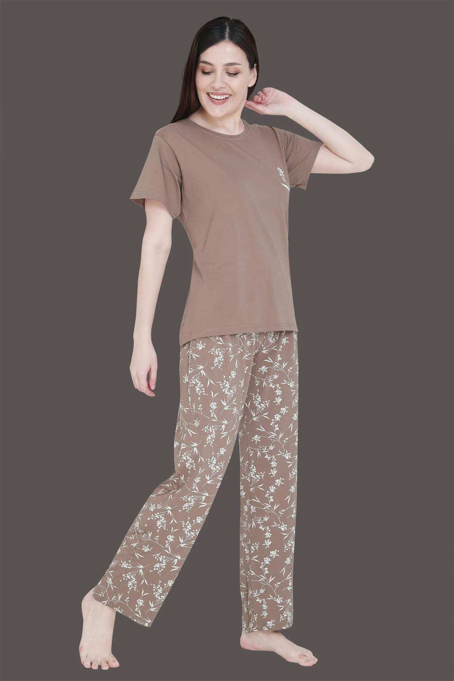 Velure Cute Floral Print Pajama Set - Velure - - Cotton Lycra Fabric, Floral Print, Full Length Pant, Half Sleeves, Round neck nightsuit