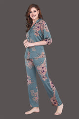 Velure Blooming Floral Satin Print Night Suit - Velure - Shirt and Pant - 3/4 Sleeves, Collar Neck, Floral Print, Front Button Open, Full Length Pant, Satin