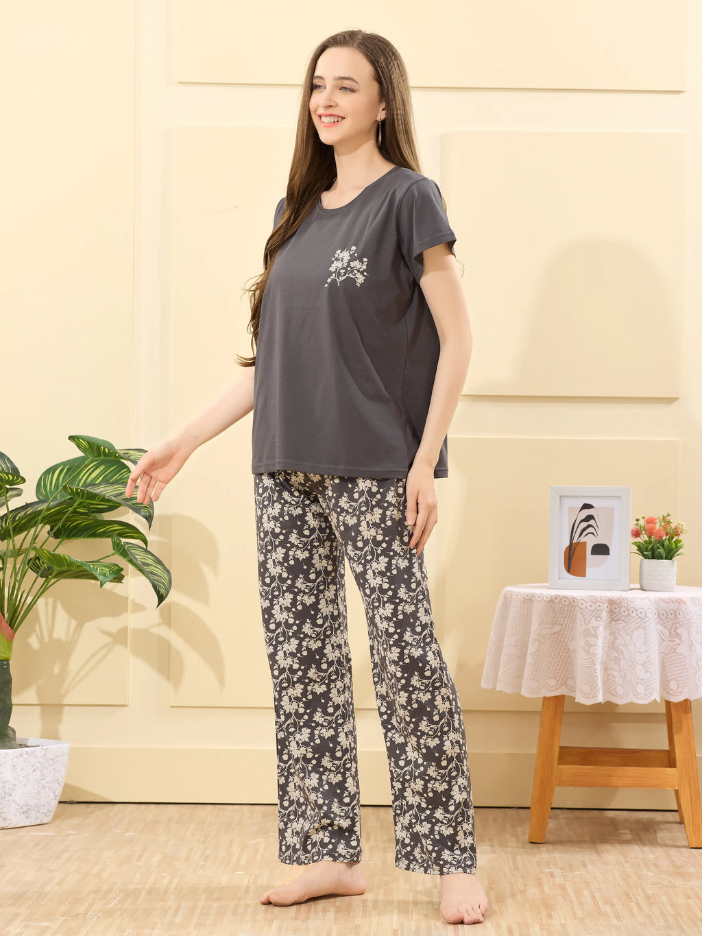 Velure Pleasant Blossom Print Pajama Set - Velure - - Cotton Lycra Fabric, Full Length Pant, Half Sleeves, Round neck nightsuit