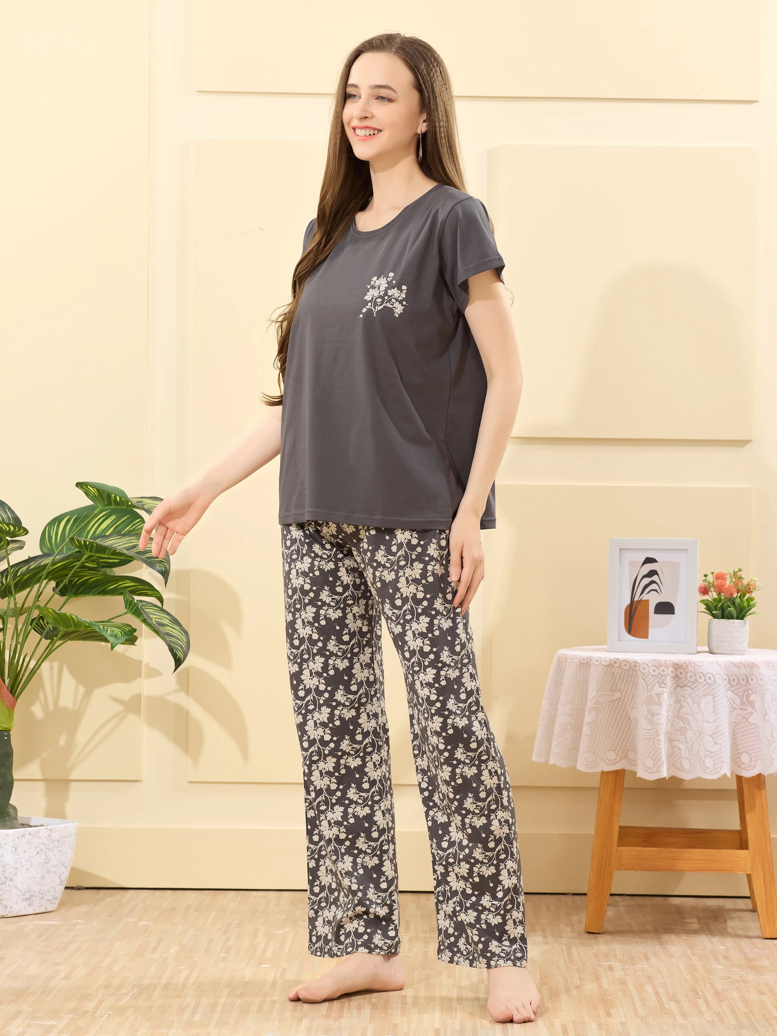 Velure Pleasant Blossom Print Pajama Set - Velure - - Cotton Lycra Fabric, Full Length Pant, Half Sleeves, Round neck nightsuit