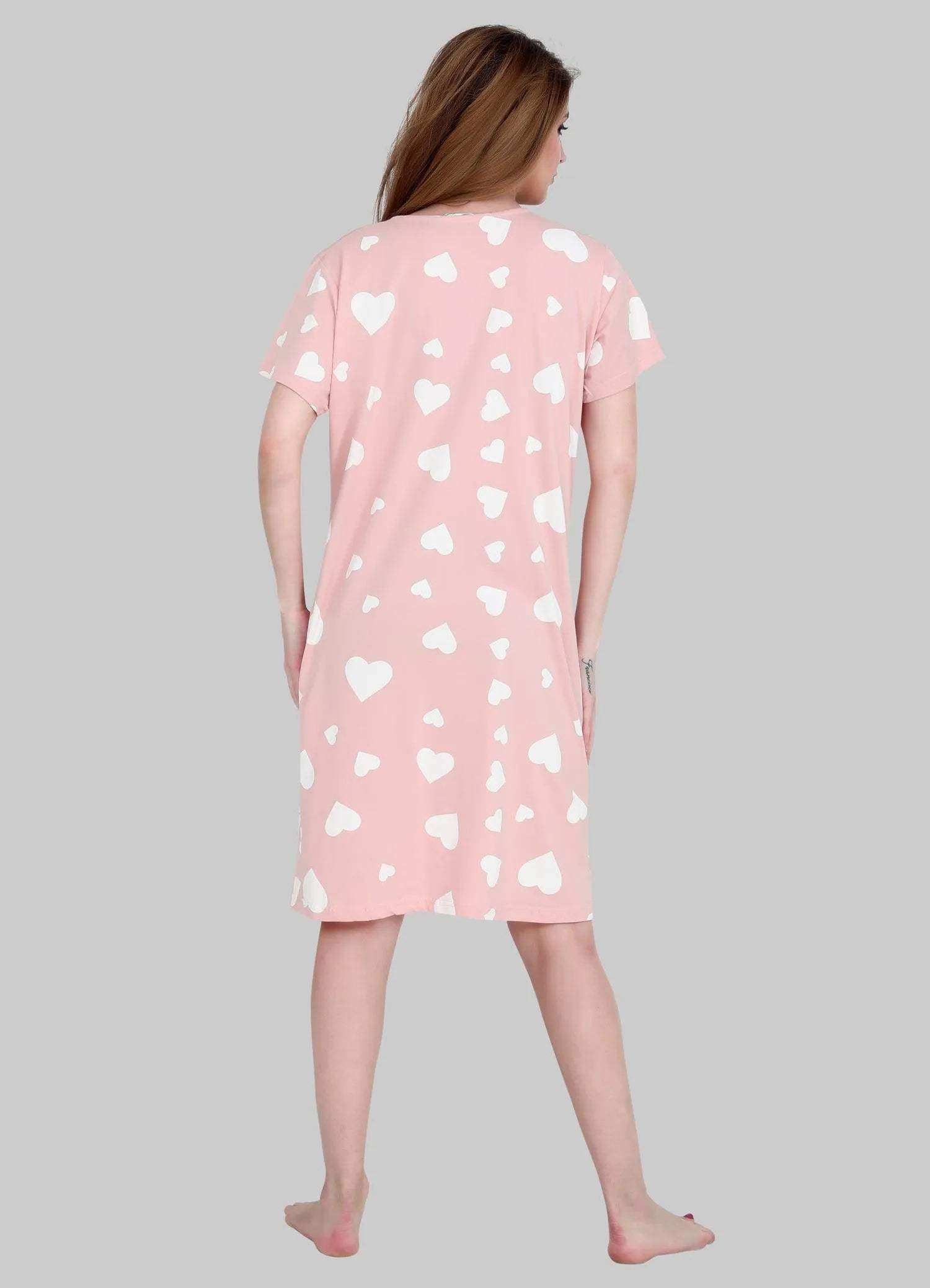 Velure All-Over Heart Print Short Nighty - Velure - - Cotton, Half Sleeves, Knee Length, Printed, Round neck
