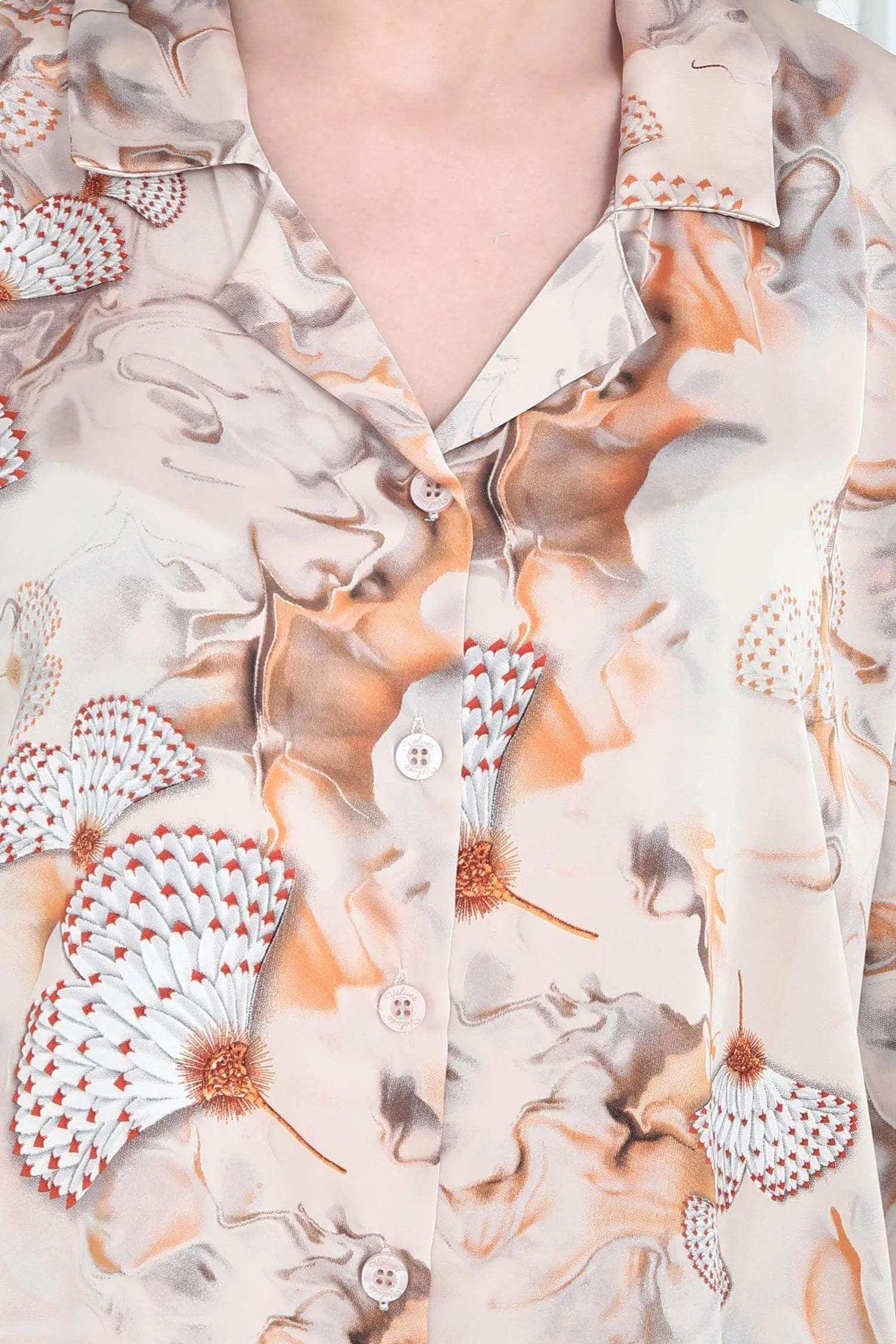 Velure Glorious Floral Print Satin Night Suit - Velure - - 3/4 Sleeves, Collar Neck, Floral Print, Front Button Open, Full Length Pant, Satin