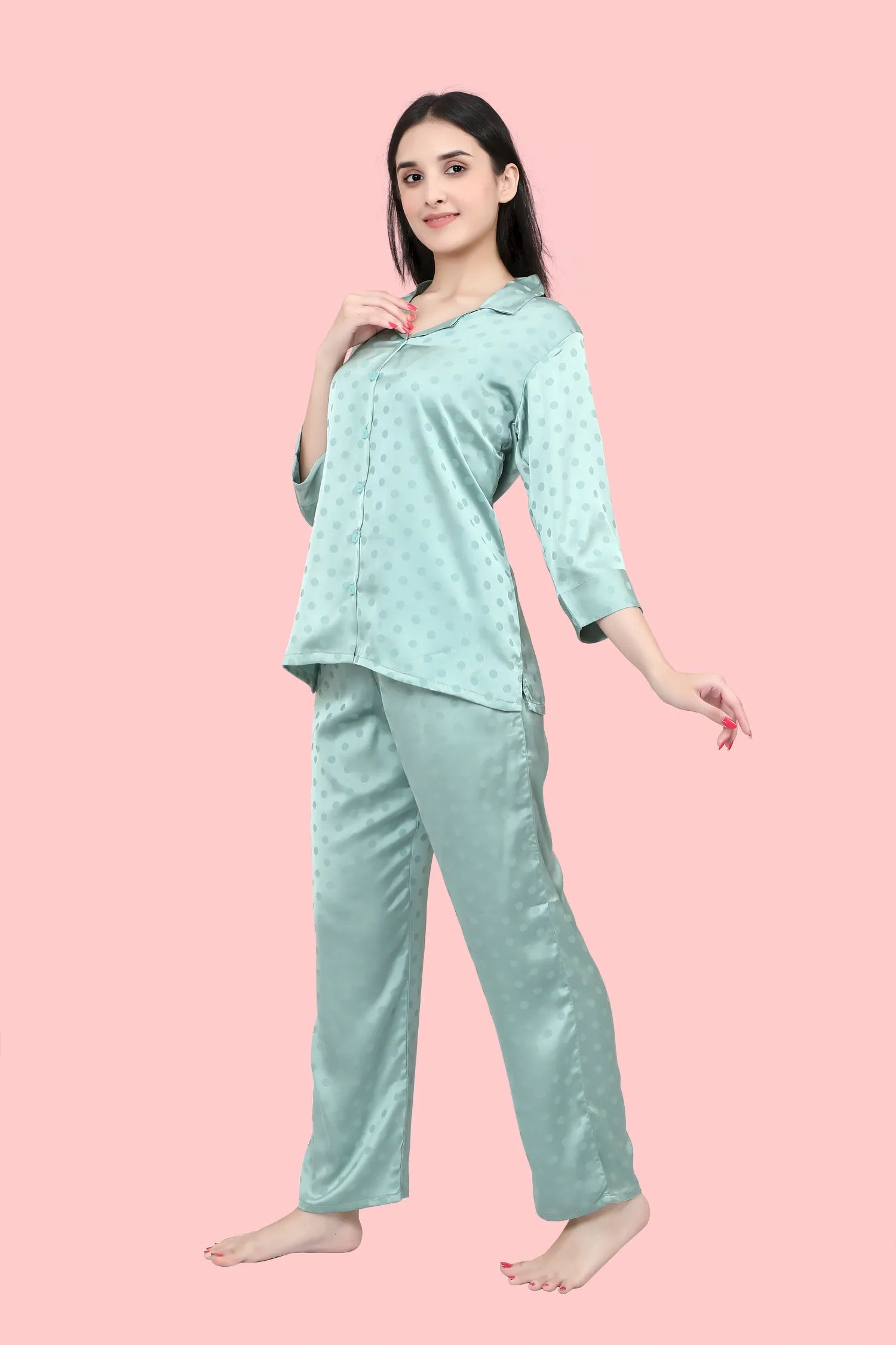 Velure Polka Dot Satin Night Suit - Velure, , Enhance your sleepwear options with the Velure Polka Dot Satin Night Suit. This night suit is crafted from luxurious satin fabric, offering a soothing and cozy sensation against your skin. The dotted design adds a charming element. It perfectly combines fashion and comfort, making it a must-have for your sleepwear collection.