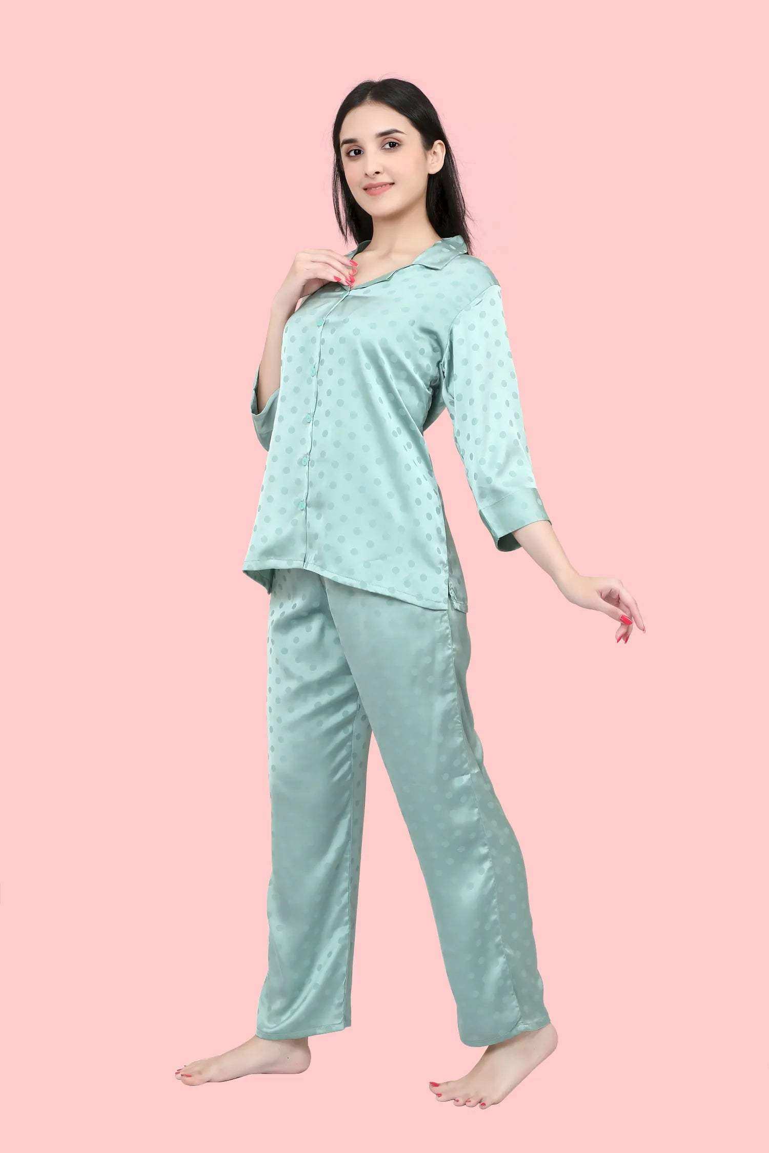 Velure Polka Dot Satin Night Suit - Velure - - 3/4 Sleeves, Collar Neck, Front Button Open, Full Length Pant, Polka Dot, Satin