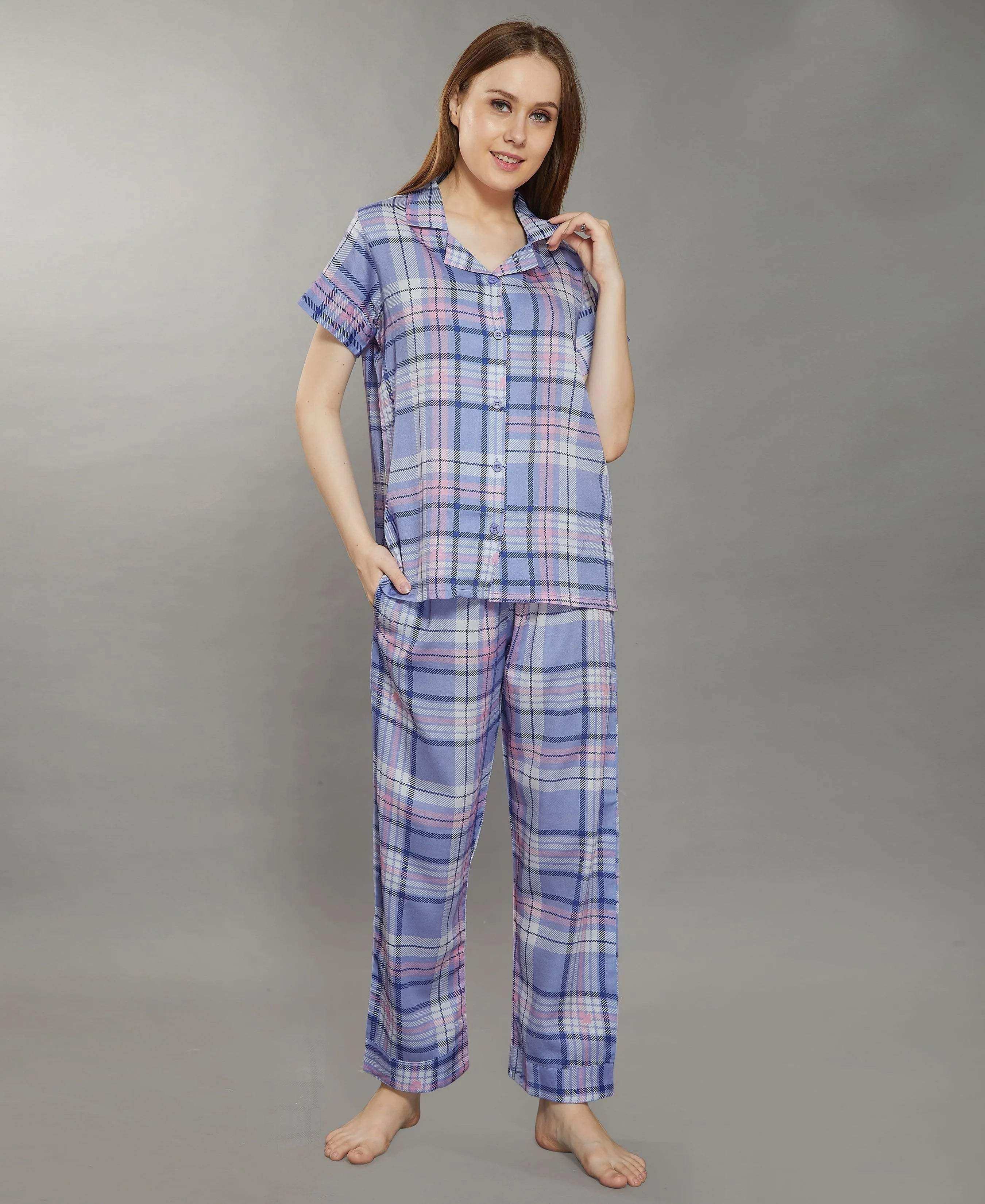 Velure Purple Stripes Cotton Night Suit - Velure - - Collar Neck, Front Button Open, Full Length Pant, Half Sleeves, Stripes