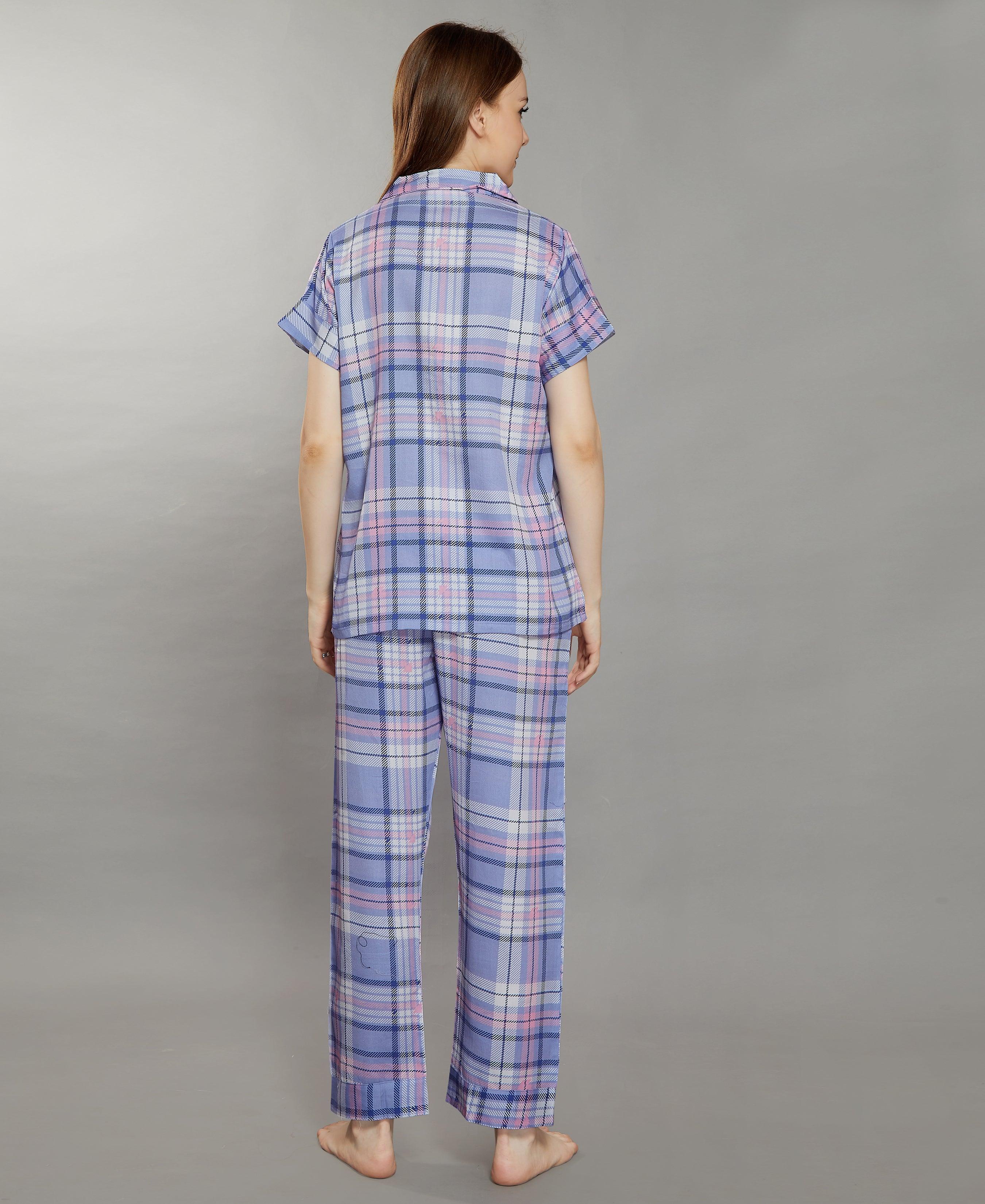 Velure Purple Stripes Cotton Night Suit - Velure - T-Shirt and Pant - Collar Neck, Front Button Open, Full Length Pant, Half Sleeves, Stripes