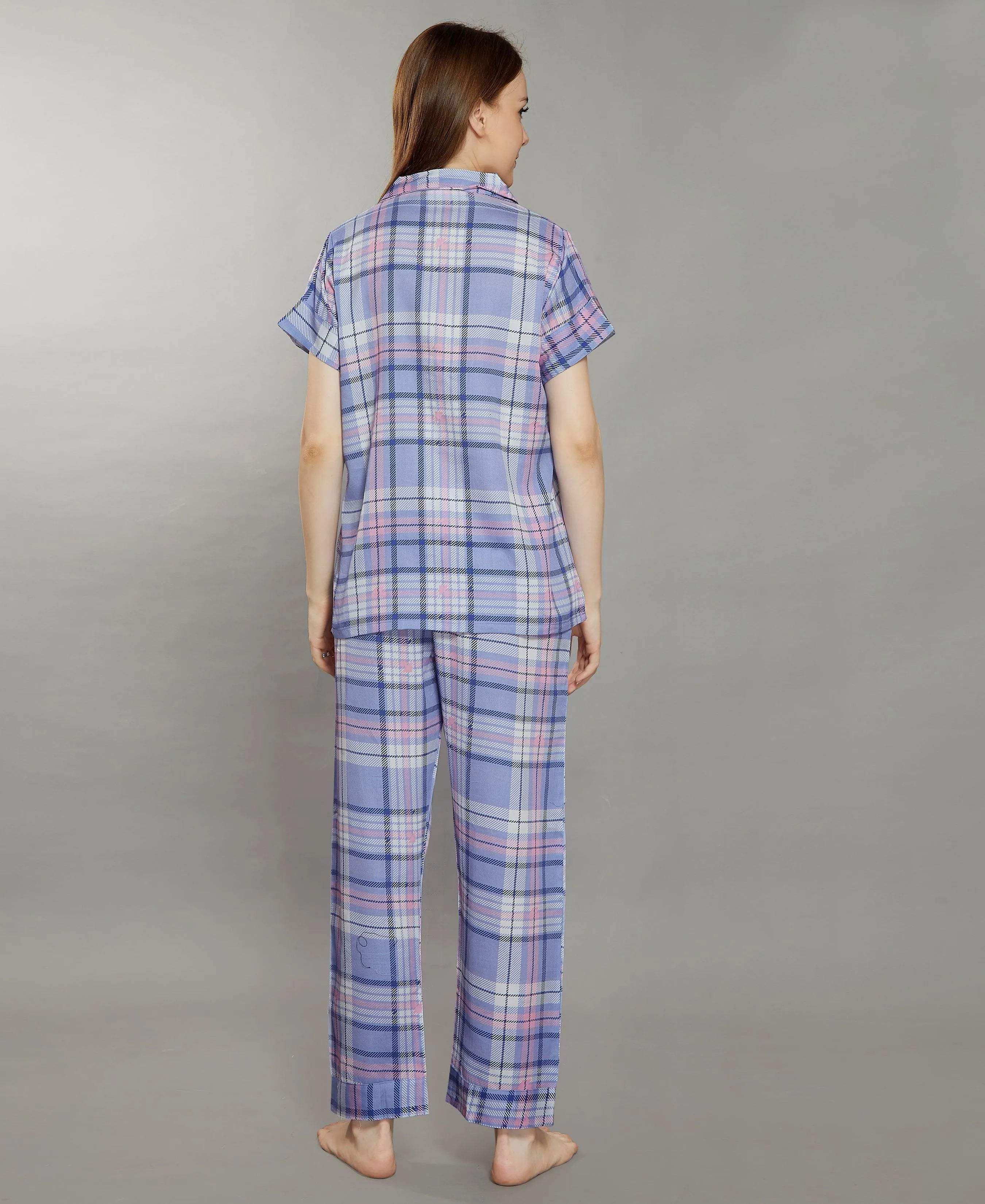 Velure Purple Stripes Cotton Night Suit - Velure - - Collar Neck, Front Button Open, Full Length Pant, Half Sleeves, Stripes