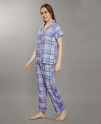 Velure Purple Stripes Cotton Night Suit - Velure - - Collar Neck, Front Button Open, Full Length Pant, Half Sleeves, Stripes