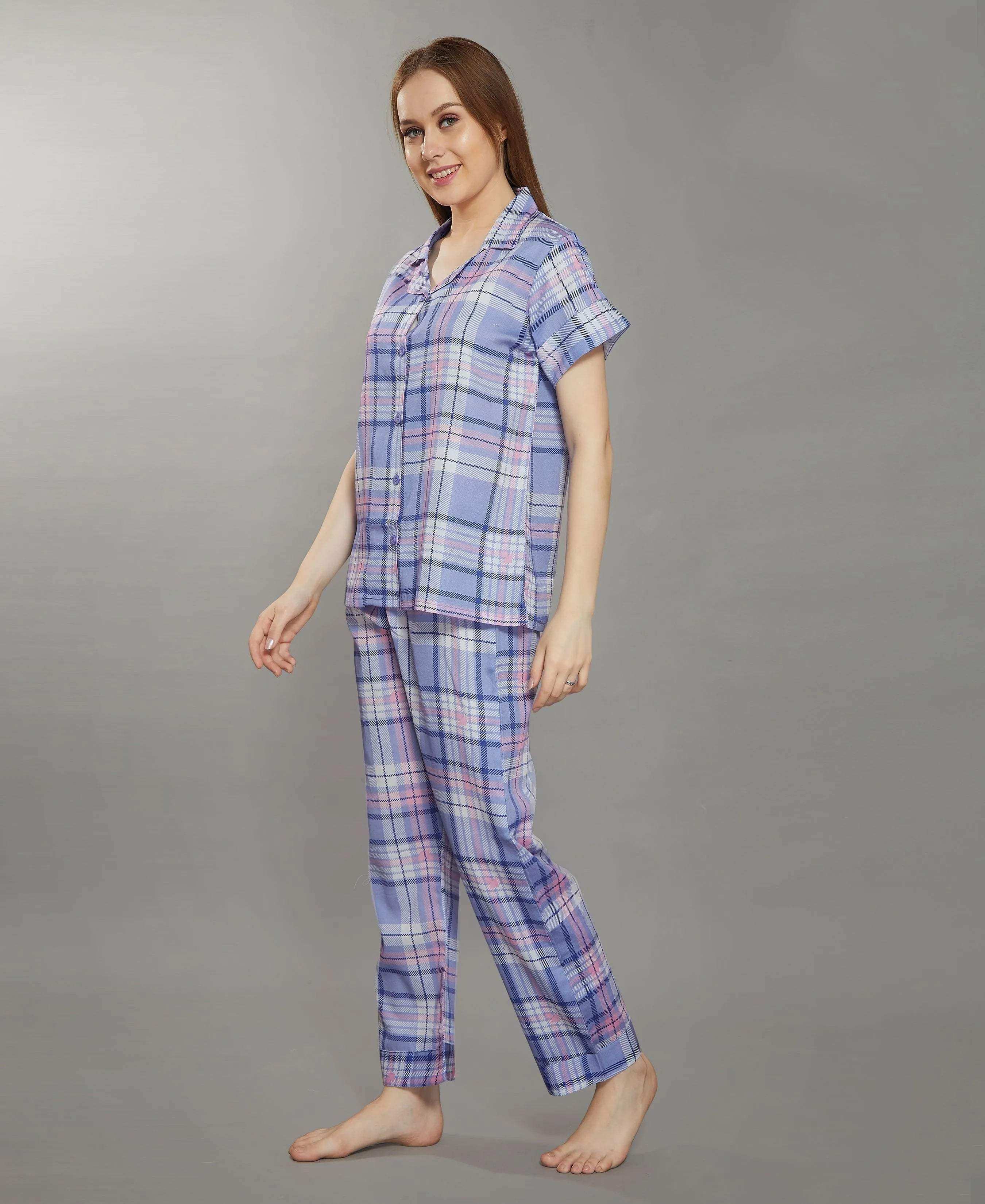 Velure Purple Stripes Cotton Night Suit - Velure - - Collar Neck, Front Button Open, Full Length Pant, Half Sleeves, Stripes