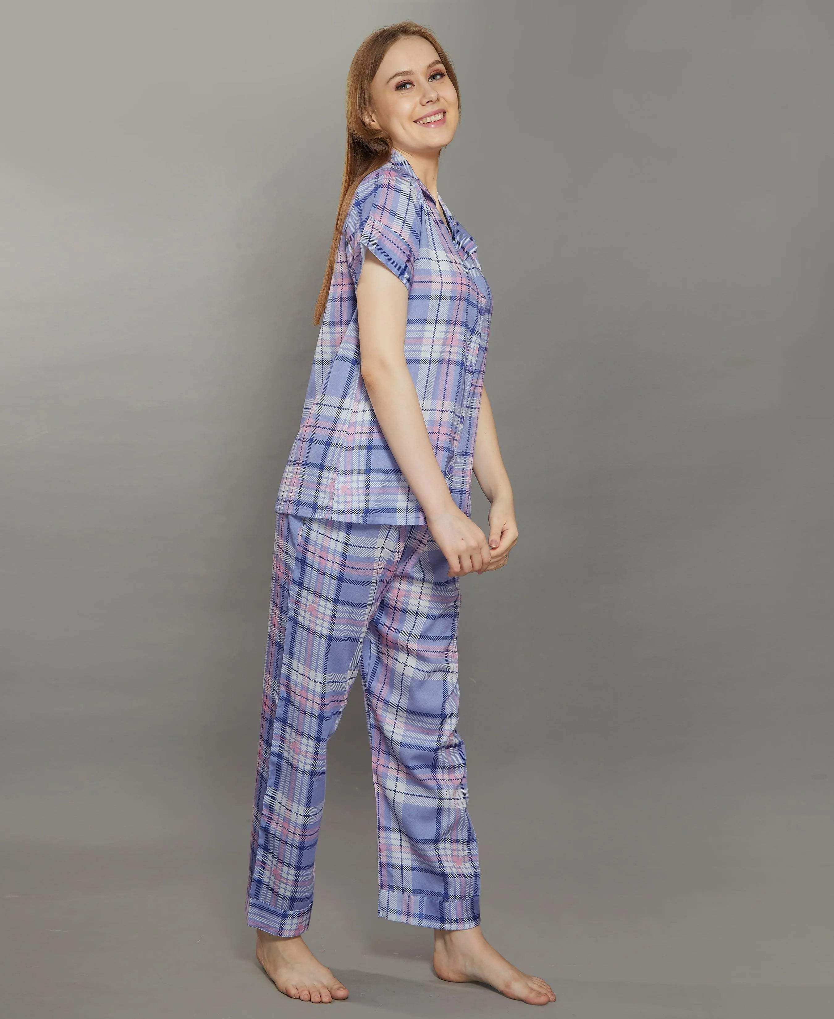 Velure Purple Stripes Cotton Night Suit - Velure - - Collar Neck, Front Button Open, Full Length Pant, Half Sleeves, Stripes