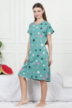 Velure Glossy Star Print Short Nighty - Velure - - Cotton, Half Sleeves, Knee Length, Printed, Round neck