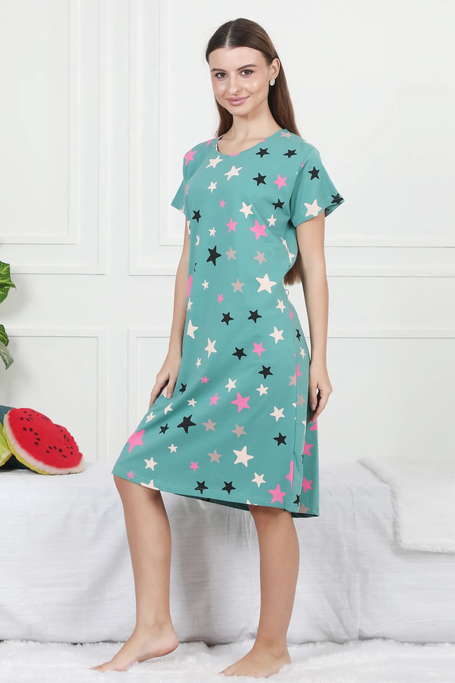 Velure Glossy Star Print Short Nighty - Velure - - Cotton, Half Sleeves, Knee Length, Printed, Round neck