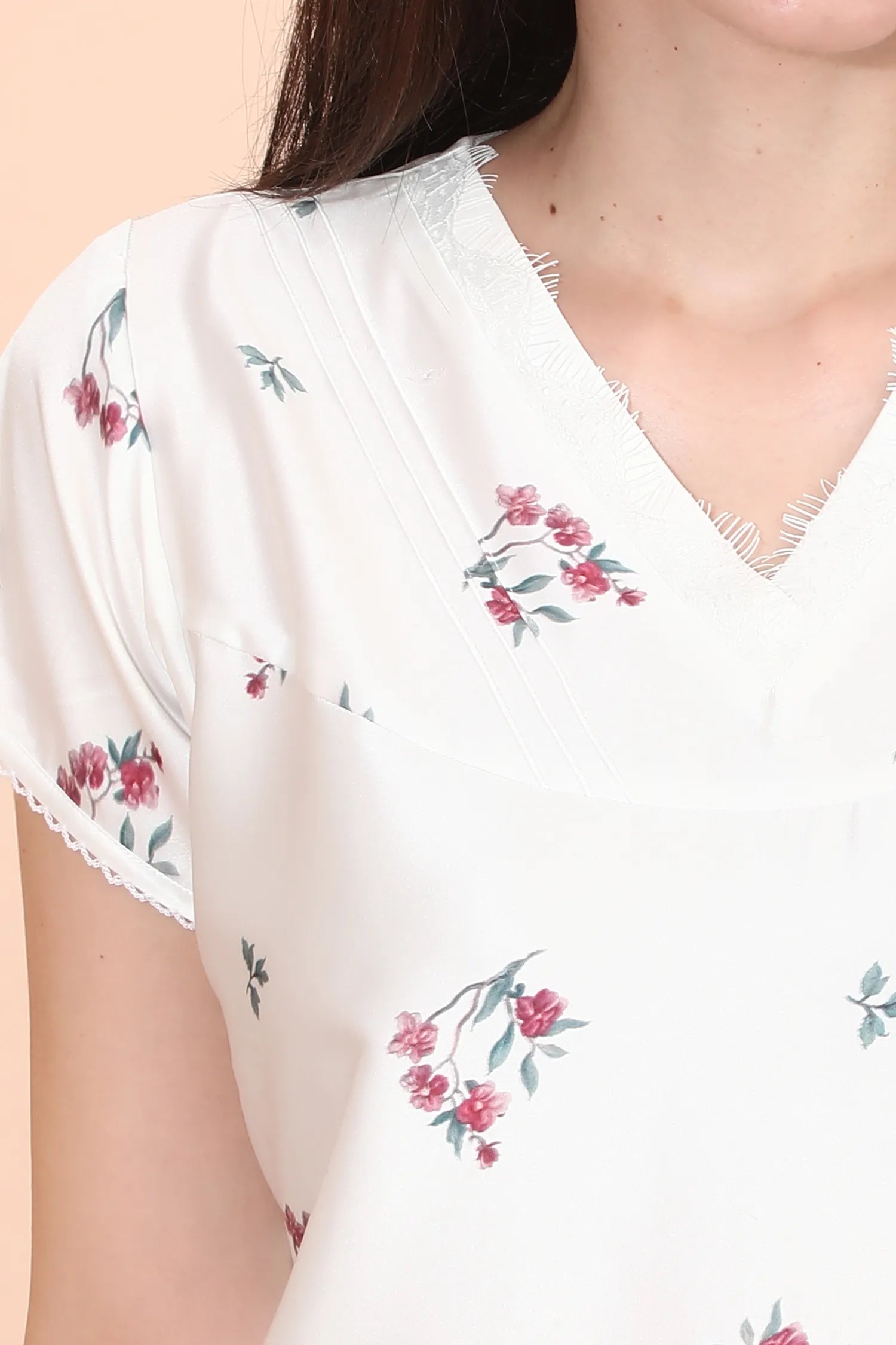 Velure Classic White Floral Print Satin Nighty