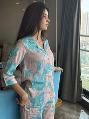 Velure Paisley Cotton Night Suit - Velure - - 3/4 Sleeves, Collar Neck, Cotton, Floral Print, Front Button Open, Full Length Pant
