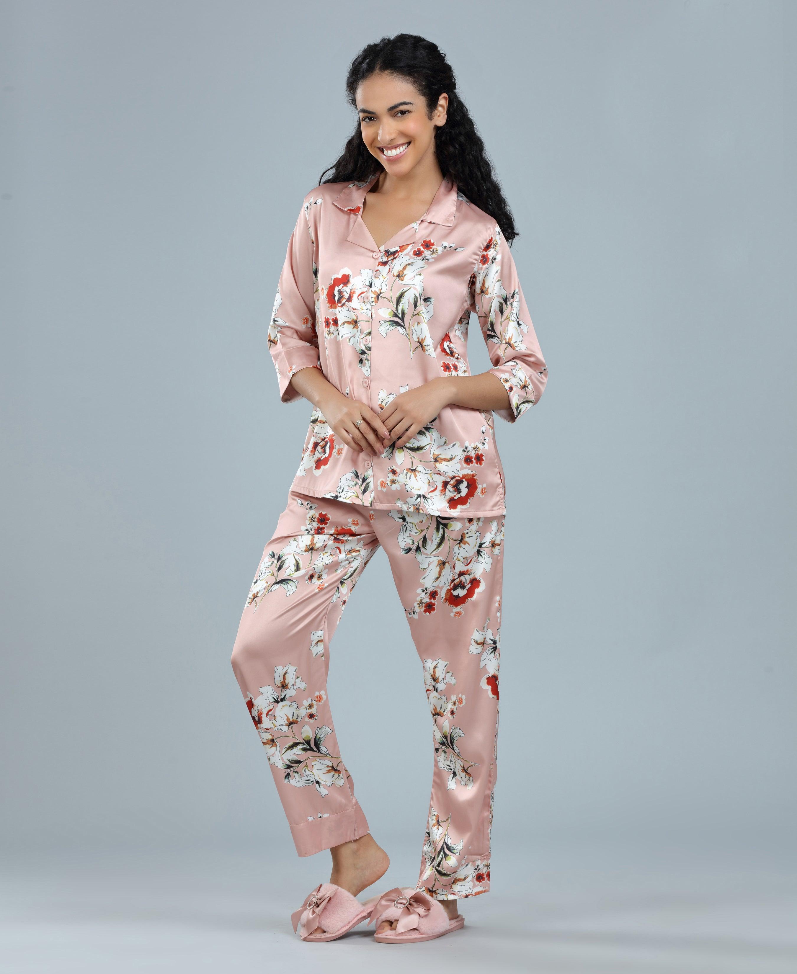 Velure Trendy Fashion Floral Print Night Suit - Velure - - 3/4 Sleeves, Collar Neck, Floral Print, Front Button Open, Full Length Pant, Satin