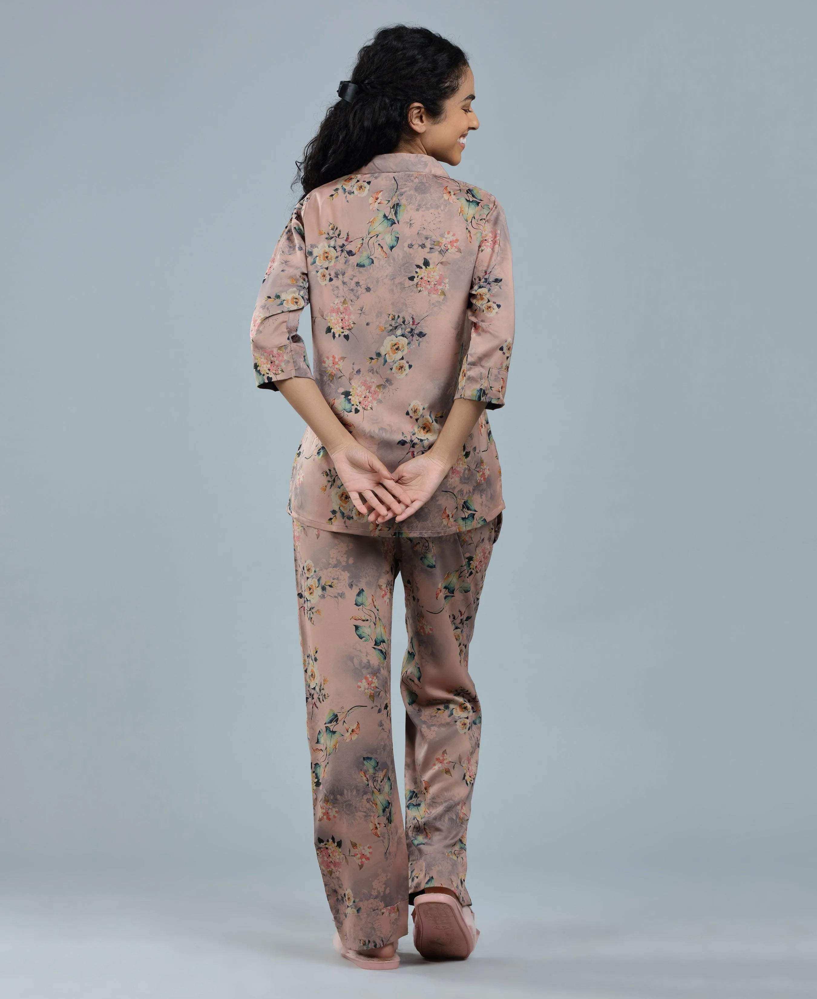 Velure Botanical Satin Print Night Suit - Velure - - 3/4 Sleeves, Collar Neck, Floral Print, Front Button Open, Full Length Pant, Satin