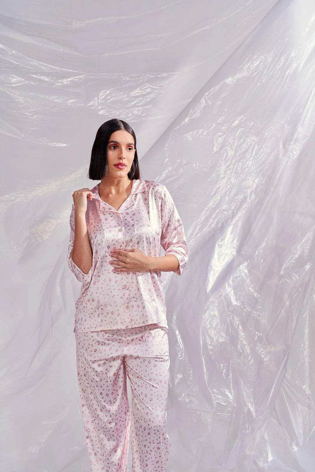 Velure Leopard Print Satin Night Suit - Velure - - 3/4 Sleeves, Collar Neck, Front Button Open, Full Length Pant, Satin