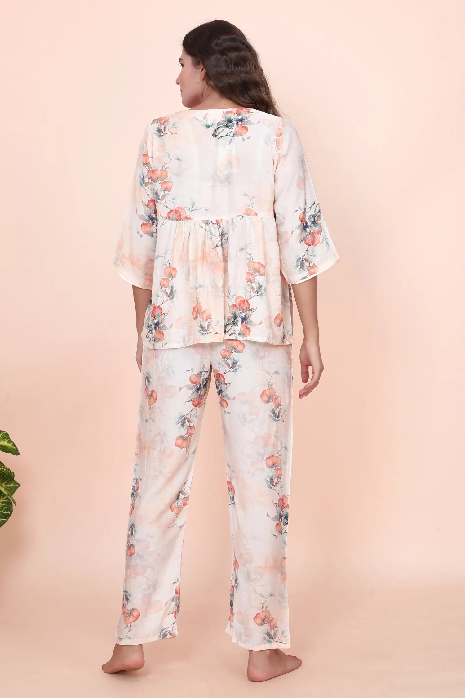 Velure Casual Cream Print Frock-Style Night Suit