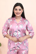 Velure Pink Blush Floral Print Night Suit - Velure - - 3/4 Sleeves, Collar Neck, Front Button Open, Full Length Pant, Satin