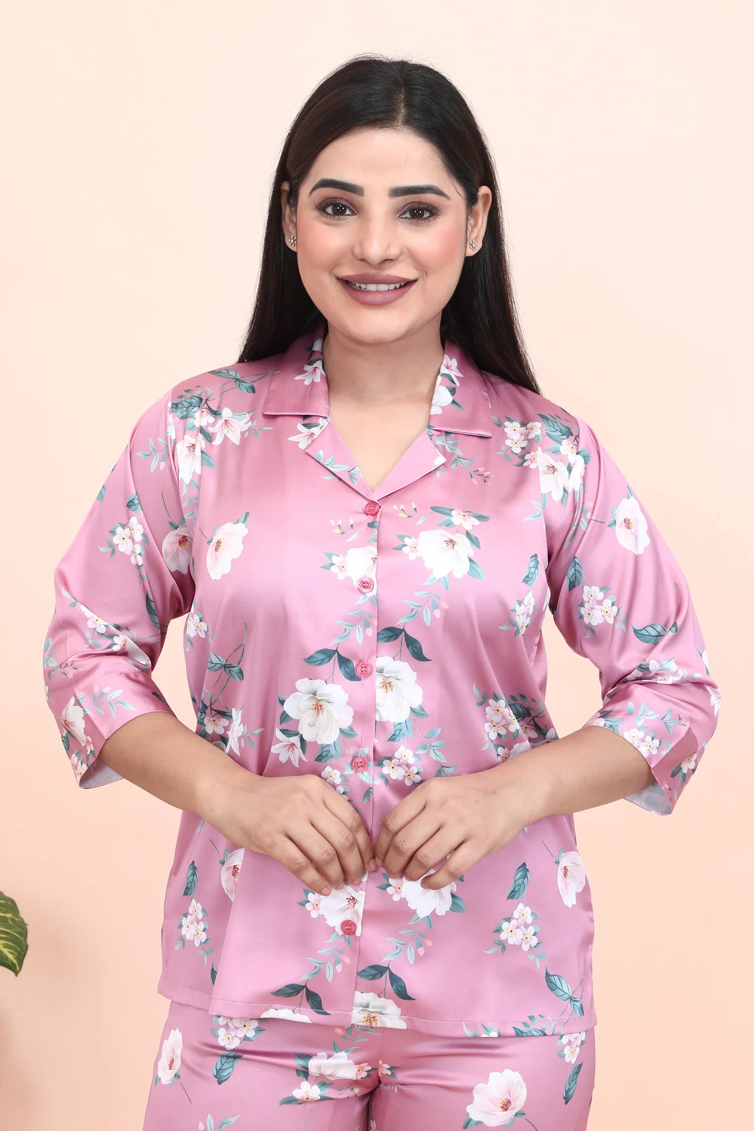 Velure Pink Blush Floral Print Night Suit - Velure - - 3/4 Sleeves, Collar Neck, Front Button Open, Full Length Pant, Satin