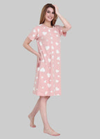 Velure All-Over Heart Print Short Nighty - Velure - - Cotton, Half Sleeves, Knee Length, Printed, Round neck