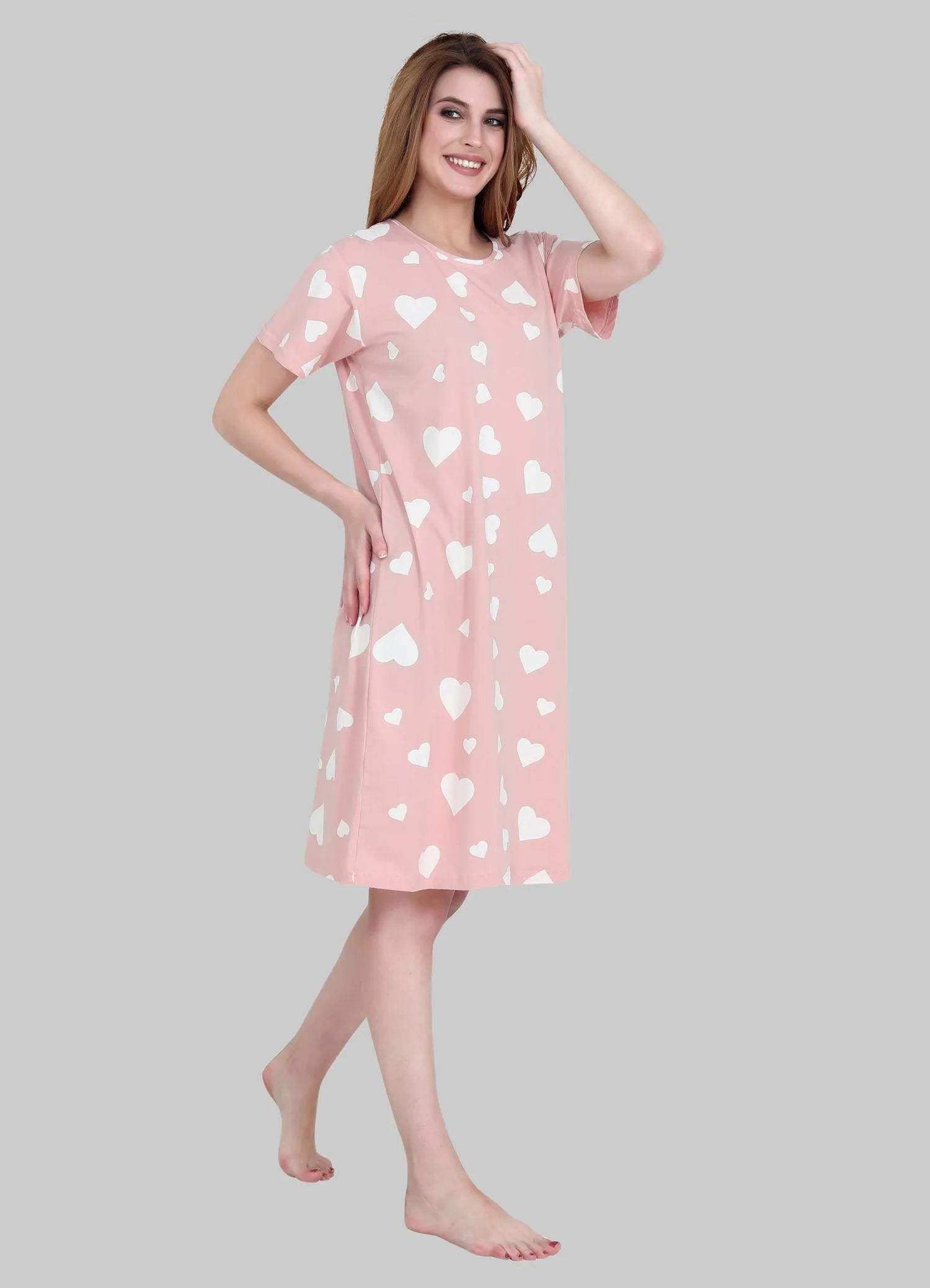 Velure All-Over Heart Print Short Nighty - Velure - - Cotton, Half Sleeves, Knee Length, Printed, Round neck