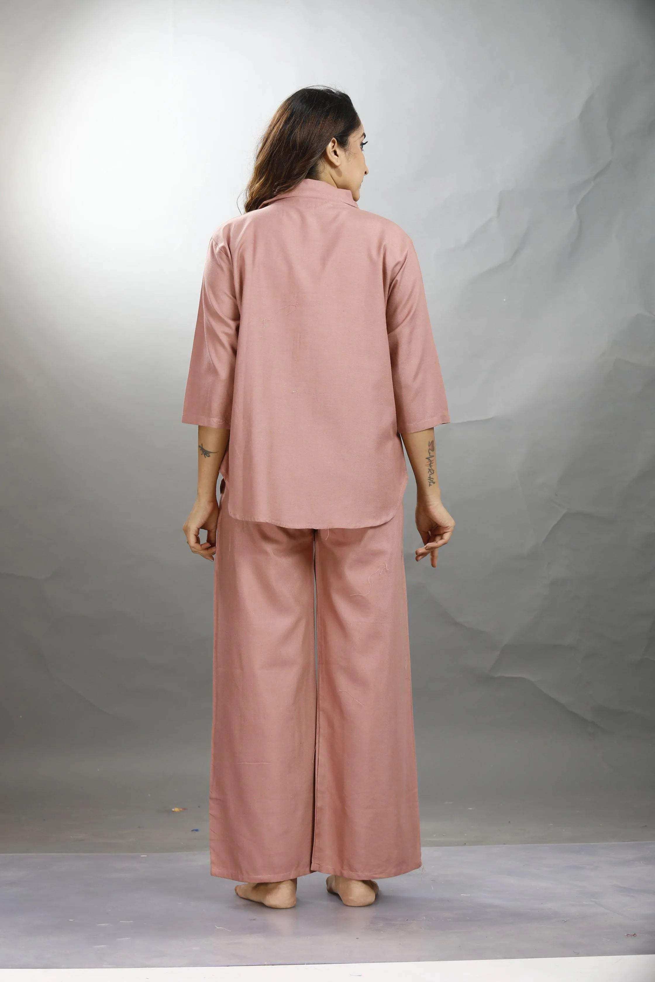 Velure Trendy Brown Palazzo Co-ord Set - Velure - - 3/4 Sleeves, Collar Neck, Front Button Open, Full Length Pant