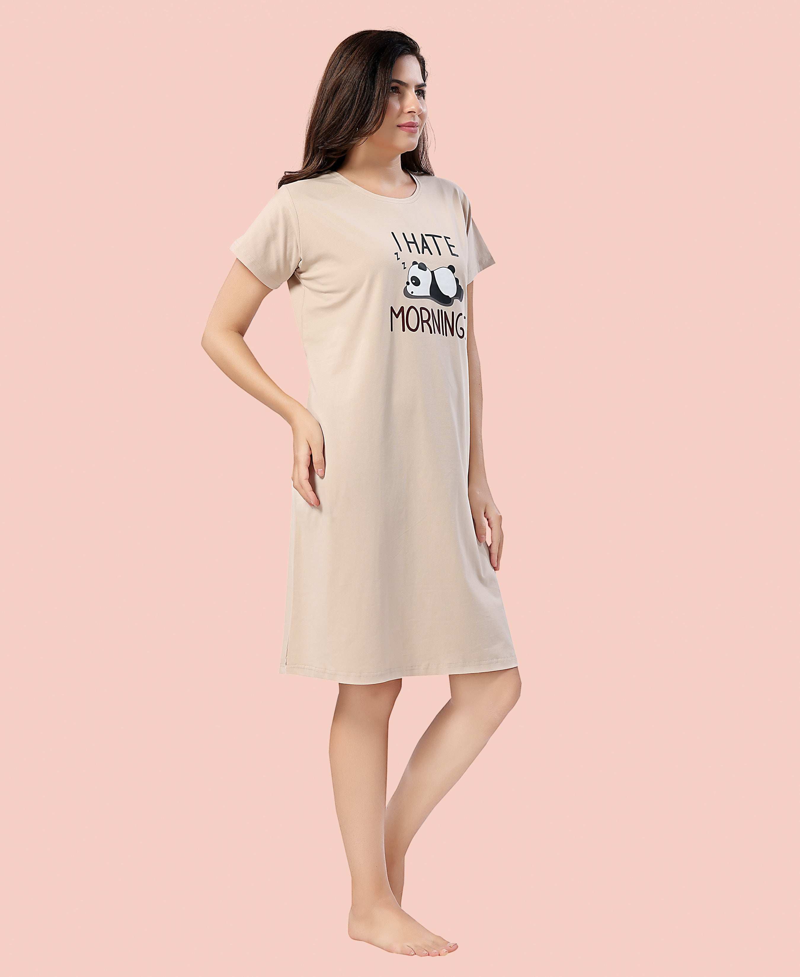 Velure Trendy Playful Panda Short Nighty - Velure - - Cotton, Half Sleeves, Knee Length, Printed