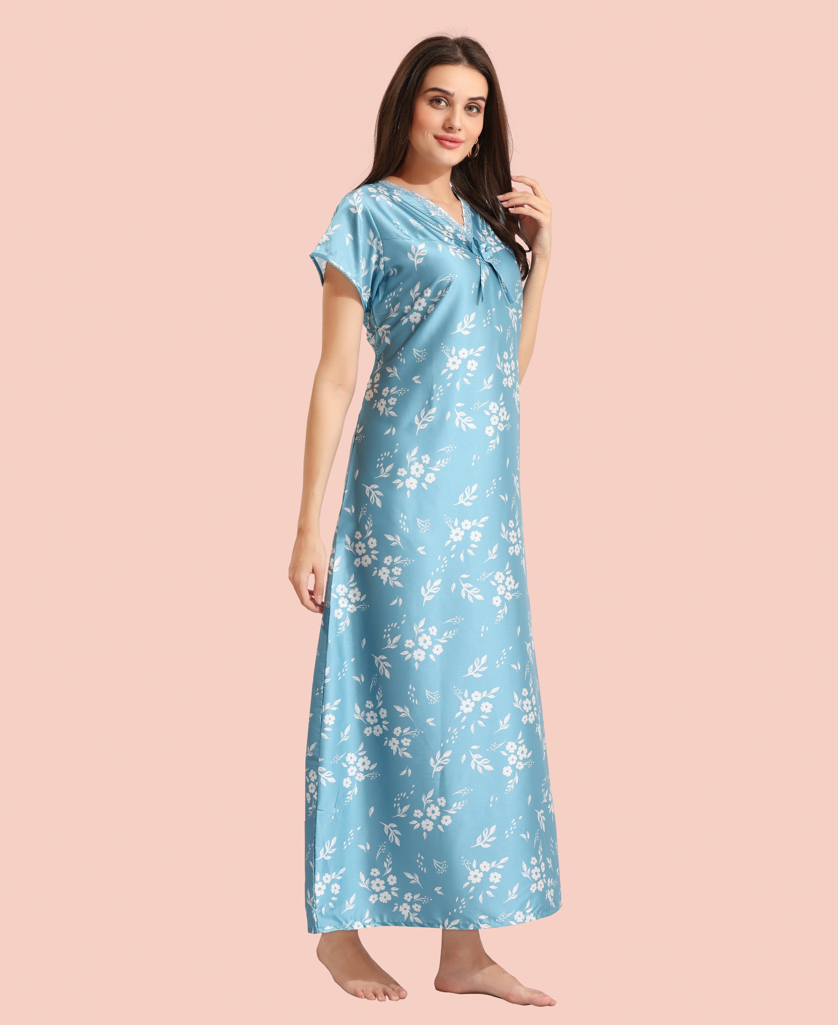 Velure Elegant Floral Print Satin Nighty - Velure - - Floral Print, Full Length Nighty, Half Sleeves Nighty