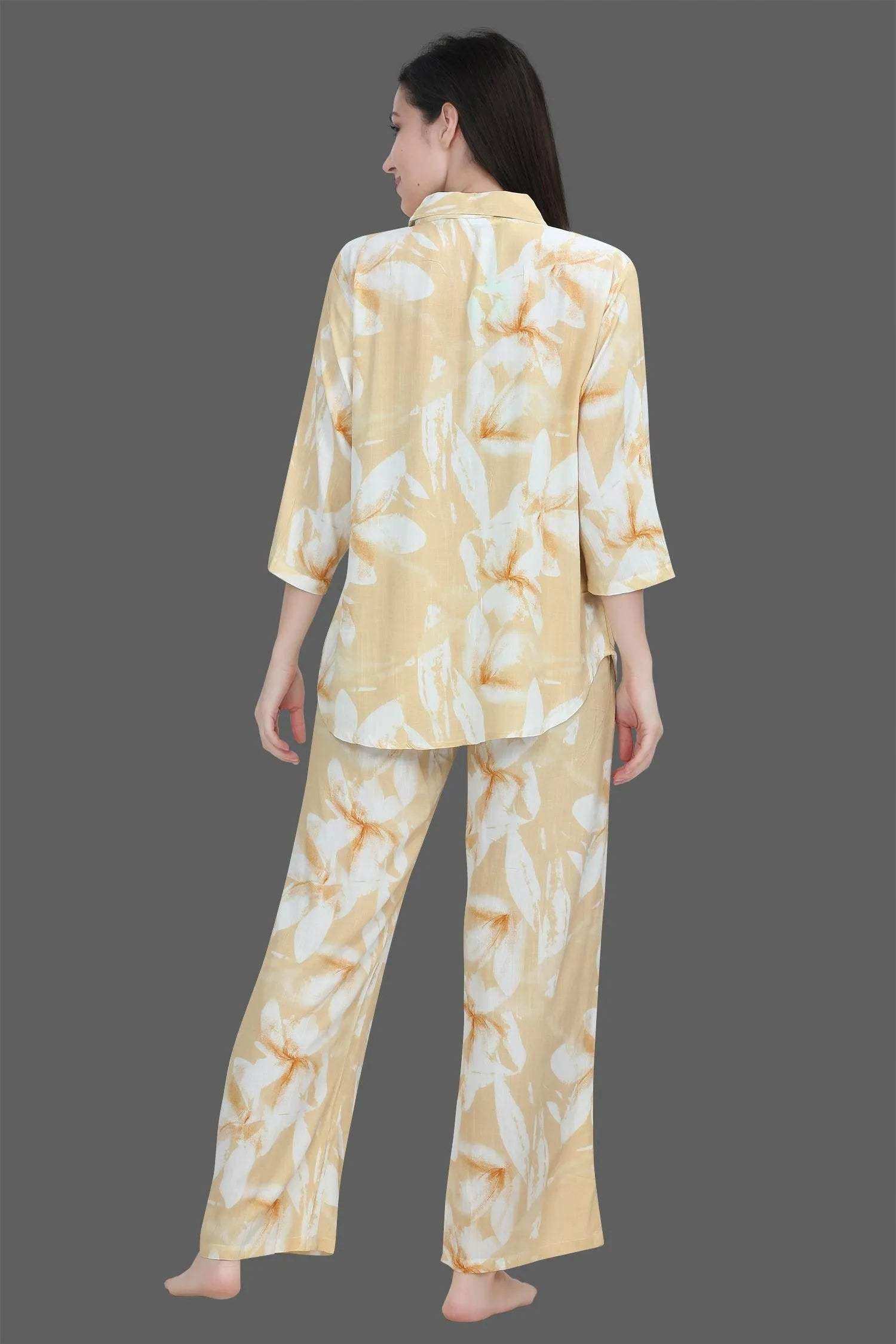 Velure Tunic Floral Palazzo Co-ord Set - Velure - - 3/4 Sleeves, Collar Neck, Front Button Open, Full Length Pant, Linen
