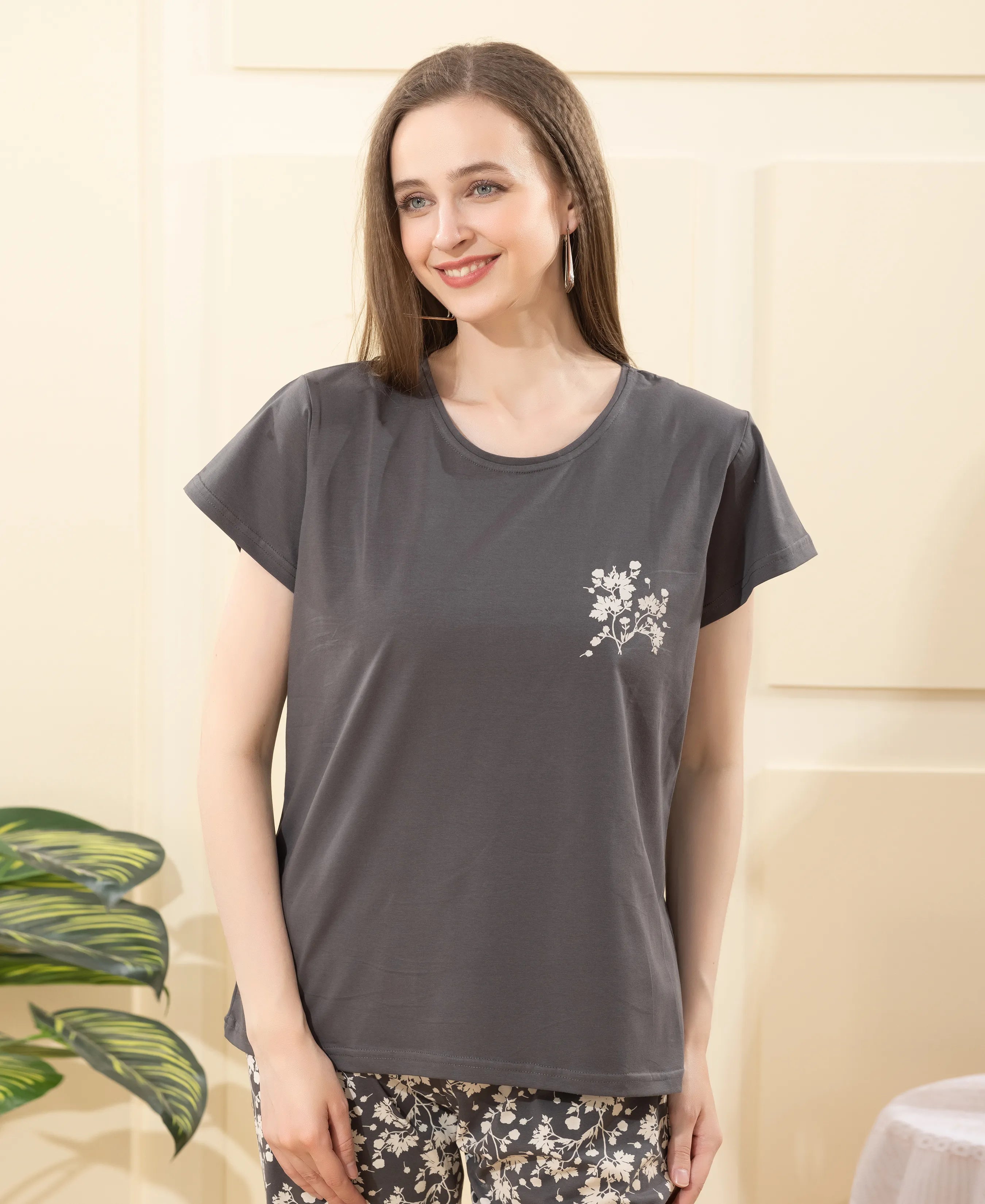Velure Pleasant Blossom Print Pajama Set - Velure - - Cotton Lycra Fabric, Full Length Pant, Half Sleeves, Round neck nightsuit