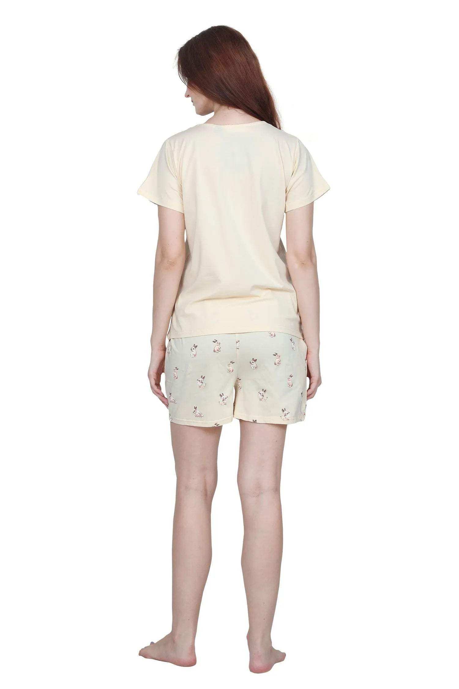 Velure Bunny Shorts Set - Velure - - Cartoon Print, Cotton Lycra Fabric, Half Sleeves, Round neck