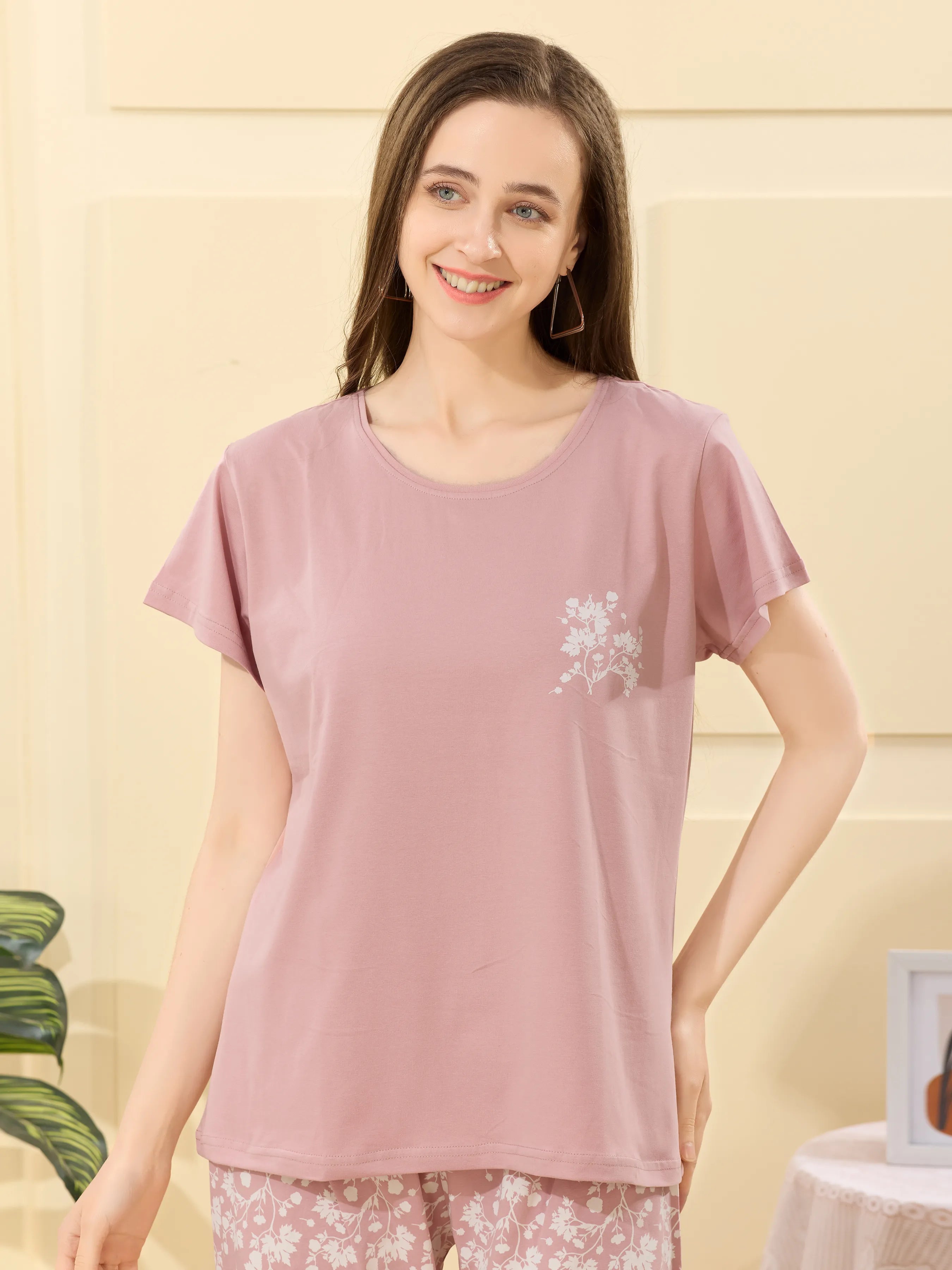 Velure Captivating Floral Print Pajama Set - Velure - - Cotton Lycra Fabric, Full Length Pant, Half Sleeves, Round neck nightsuit