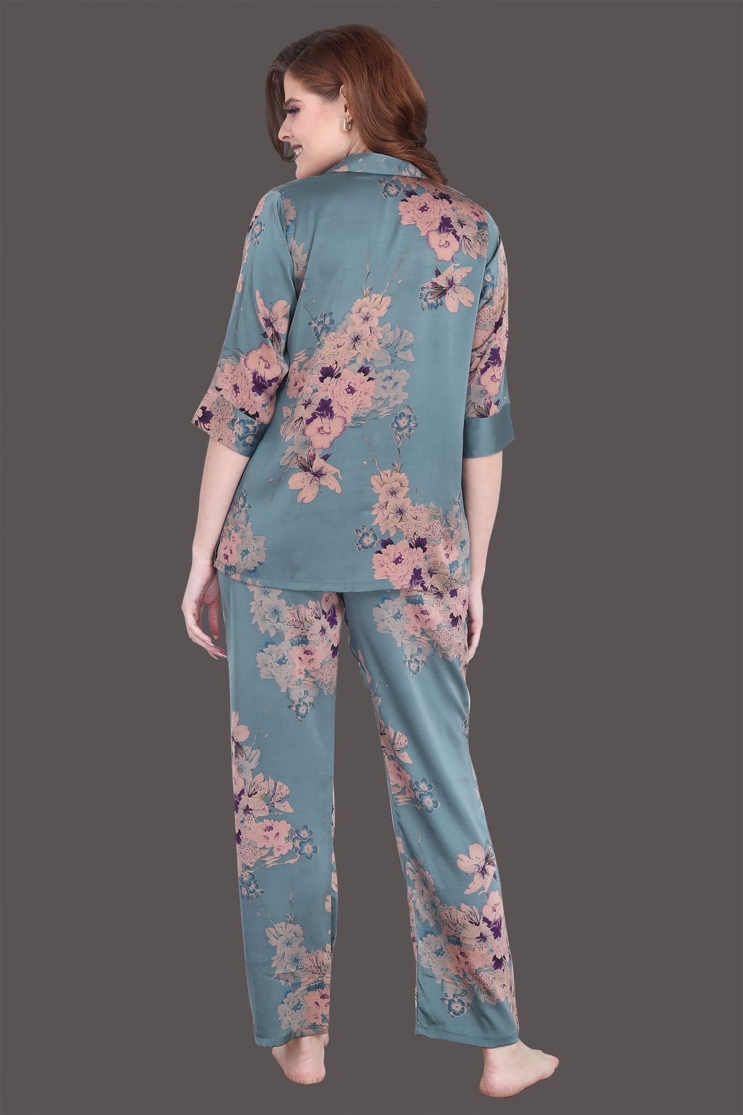 Velure Blooming Floral Satin Print Night Suit - Velure - Shirt and Pant - 3/4 Sleeves, Collar Neck, Floral Print, Front Button Open, Full Length Pant, Satin