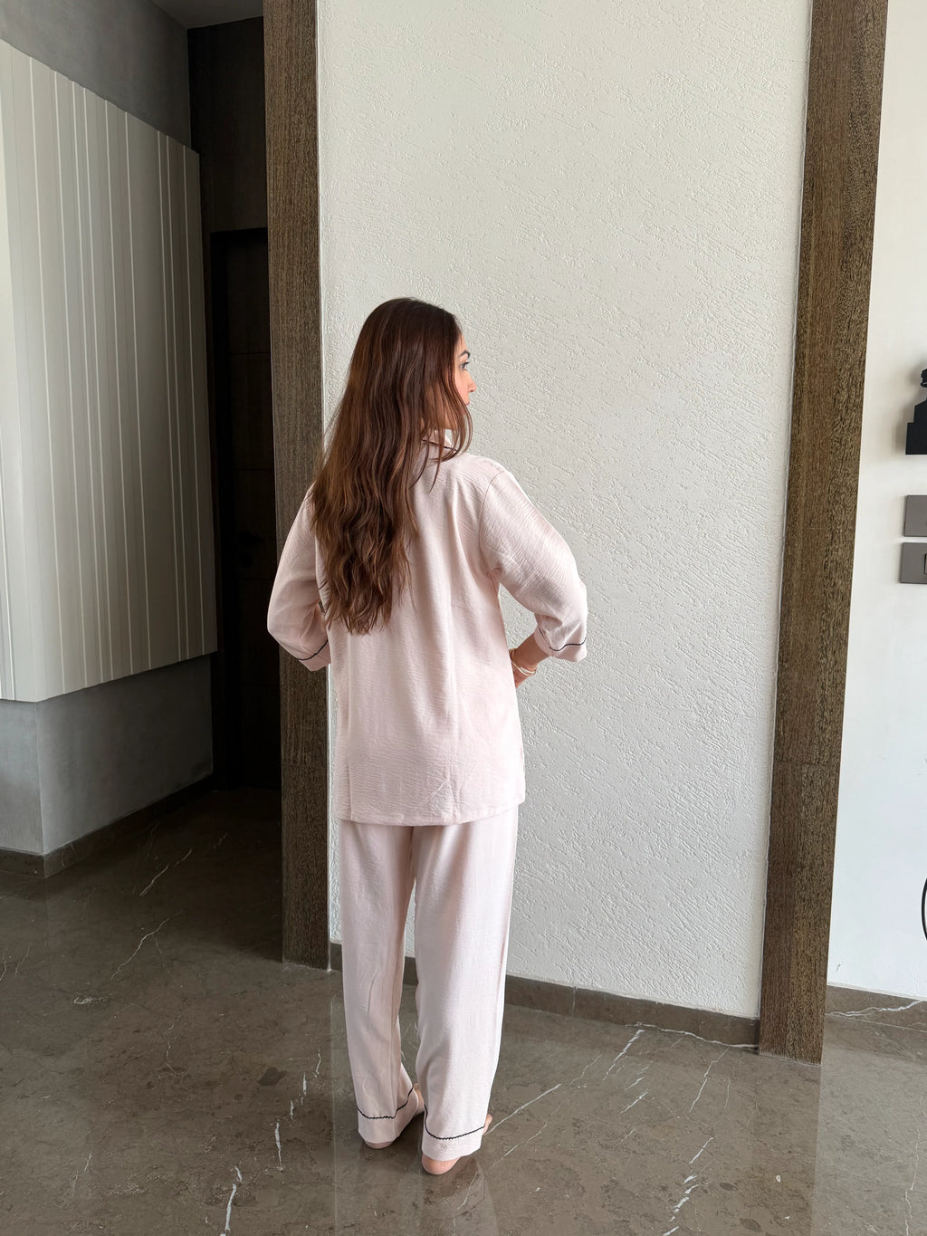 Velure Pink Cotton Breeze
 Night Suit - Velure - - 3/4 Sleeves, Collar Neck, Cotton, Detail-scallop, Front Button Open, Full Length Pant