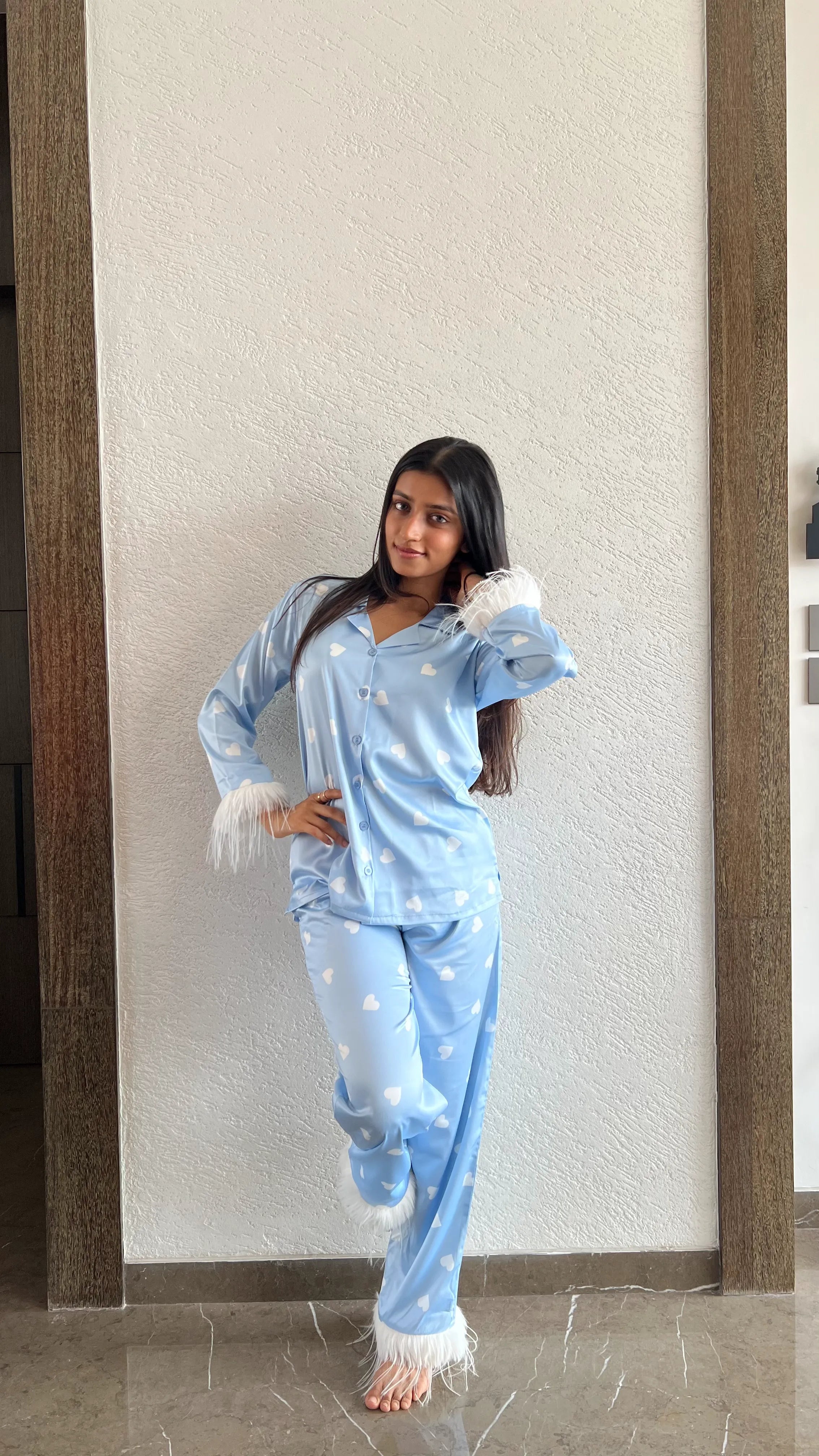 Velure Cute Blue Heart Printed Satin Fur Night Suit - Velure - Shirt and Pant - Front Button Open, Full Length Pant, Fur, Satin