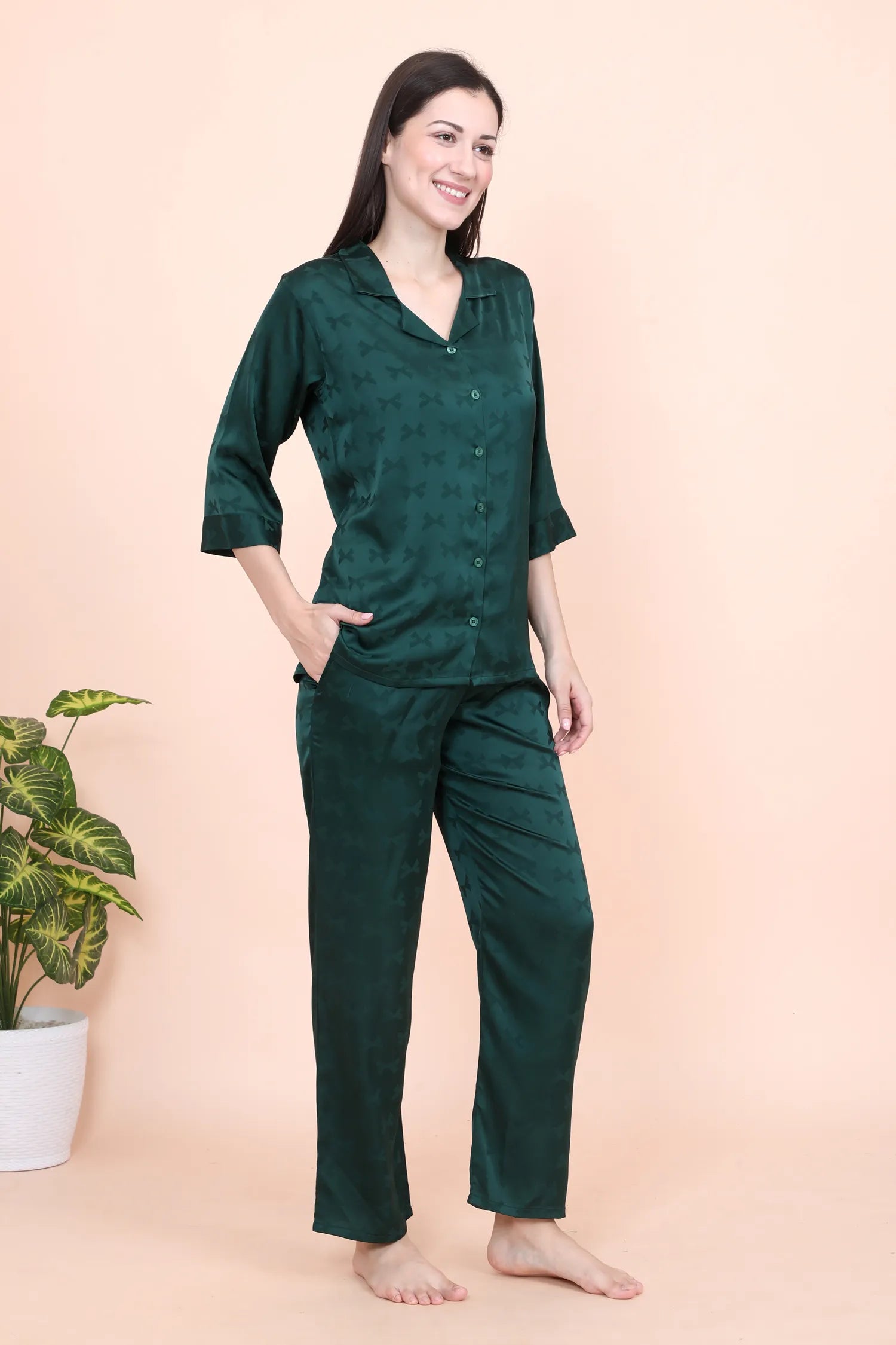 Velure Elegant Bow Print Satin Night Suit