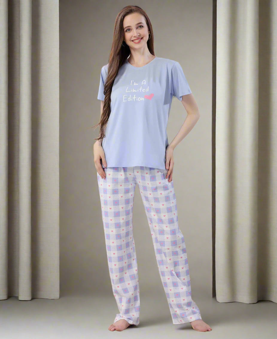 Velure Sleek Printed Pajama Set - Velure - - Cotton Lycra Fabric, Full Length Pant, Round neck