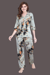 Velure Stunning Multi-Color Satin Print Night Suit - Velure - Shirt and Pant - 3/4 Sleeves, Abstract Print, Front Button Open, Full Length Pant, Satin