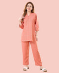 Velure Graceful Orange Kurti Style Night Suit - Velure - - 3/4 Sleeves, Collar Neck, Cotton, Front Button Open, Full Length Pant