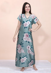 Velure Floral Print Satin Nighty - Velure - Nighty - Floral Print, Half Sleeves Nighty, Satin, V Neck