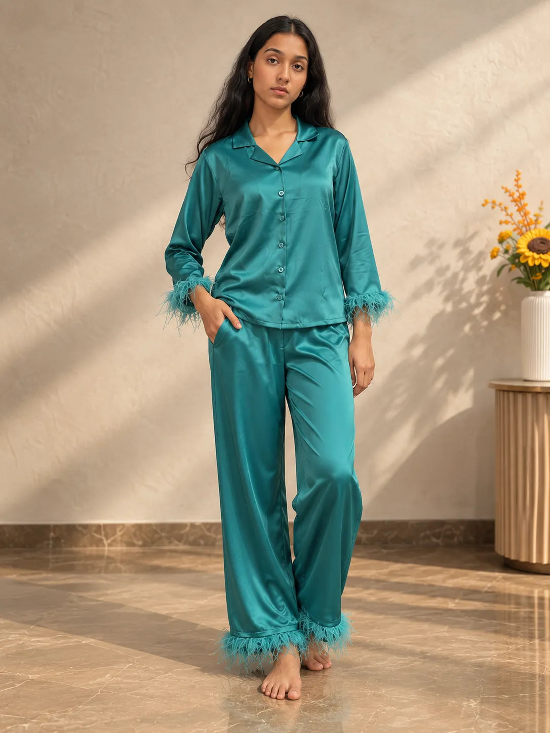 Velure Midnight Teal Luxe  Fur Night Suit