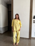 Velure Soothing Mustard Cotton Night Suit - Velure - - 3/4 Sleeves, Collar Neck, Cotton, Front Button Open, Full Length Pant