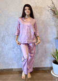 Velure Pink Swan Cotton Night Suit - Velure - - 3/4 Sleeves, Collar Neck, Cotton, Front Button Open, Full Length Pant, Printed
