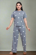 Velure Shiny Star Print Palazzo Night Suit - Velure - - Cotton Lycra Fabric, Full Length Pant, Half Sleeves, Round neck